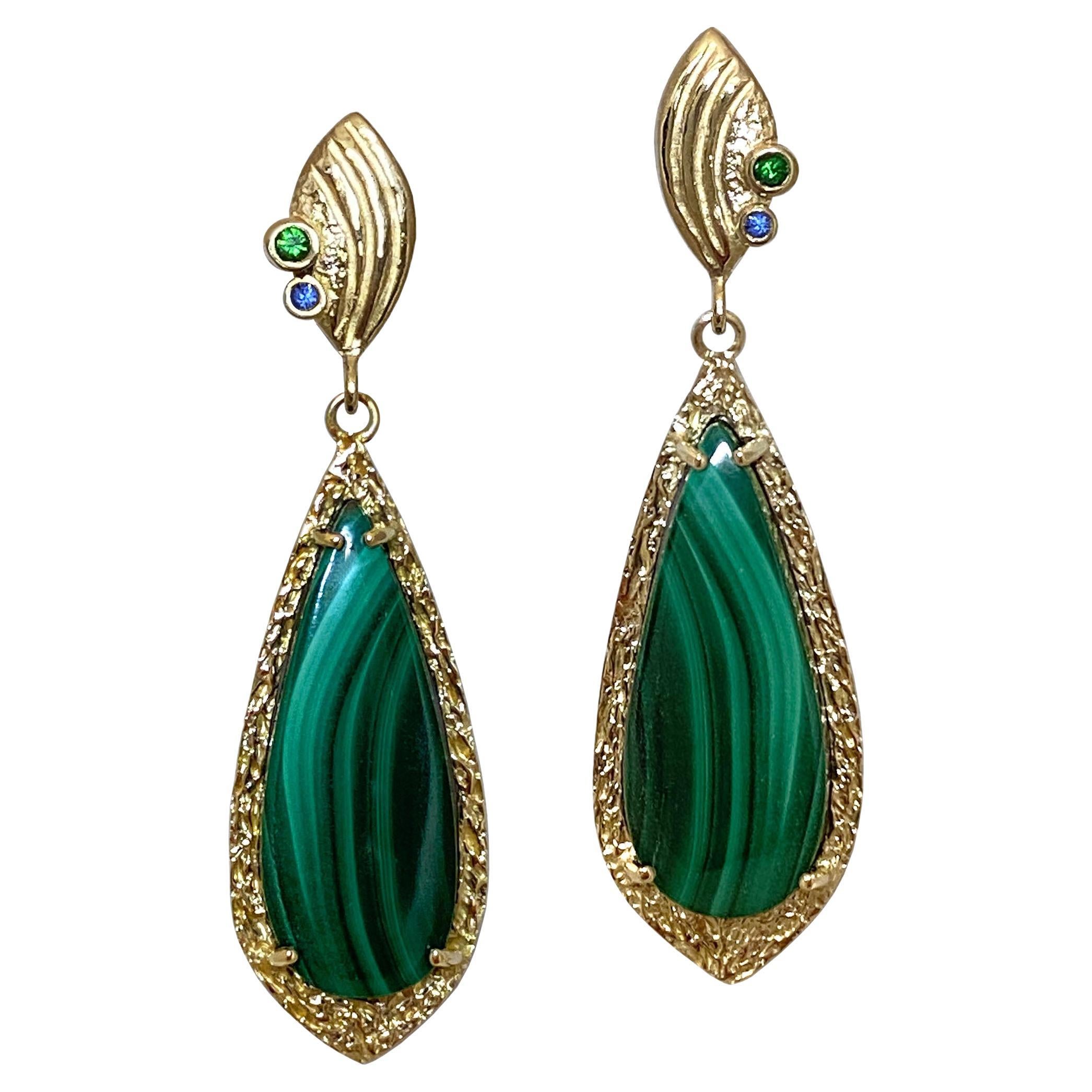 Malachite Verde Earrings set in textured 14 Karat Gold Frame by K.MITA For Sale