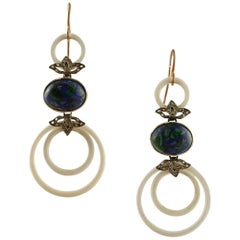 Vintage Malachite, White Agate Rings, Diamonds, 9 Karat Gold and Silver Dangle Earrings