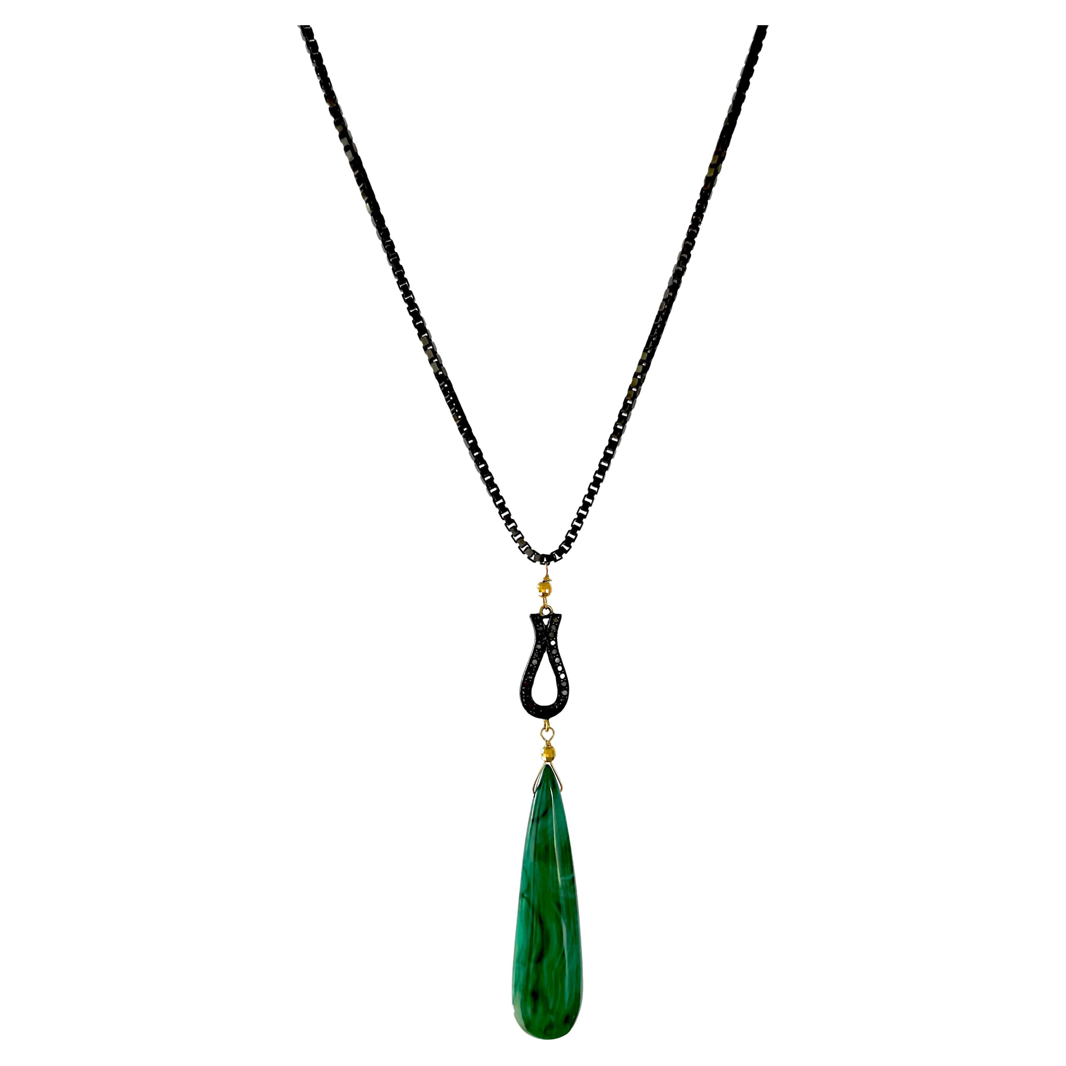 42 Carats Malachite with Black Diamonds on Black Chain Necklace