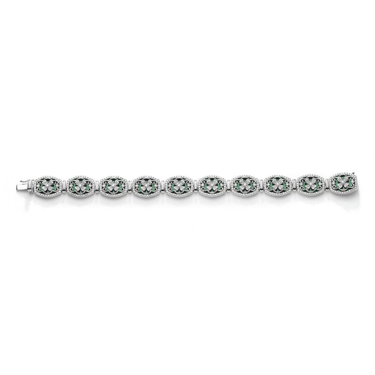 Bracelet in 18kt white gold set with 470 diamonds 3.03 cts and 10 malachites 26.13 cts