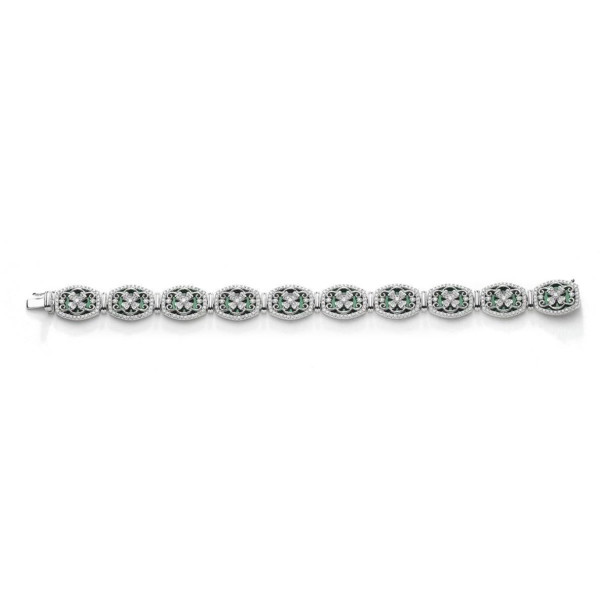 Contemporary Malachites and Diamonds White Gold Bracelet For Sale