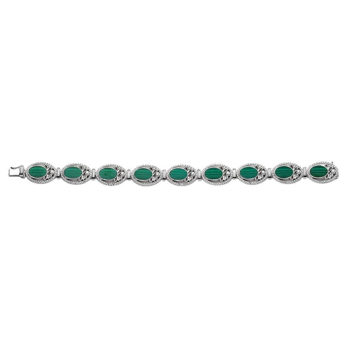 Malachites and Diamonds White Gold Bracelet For Sale