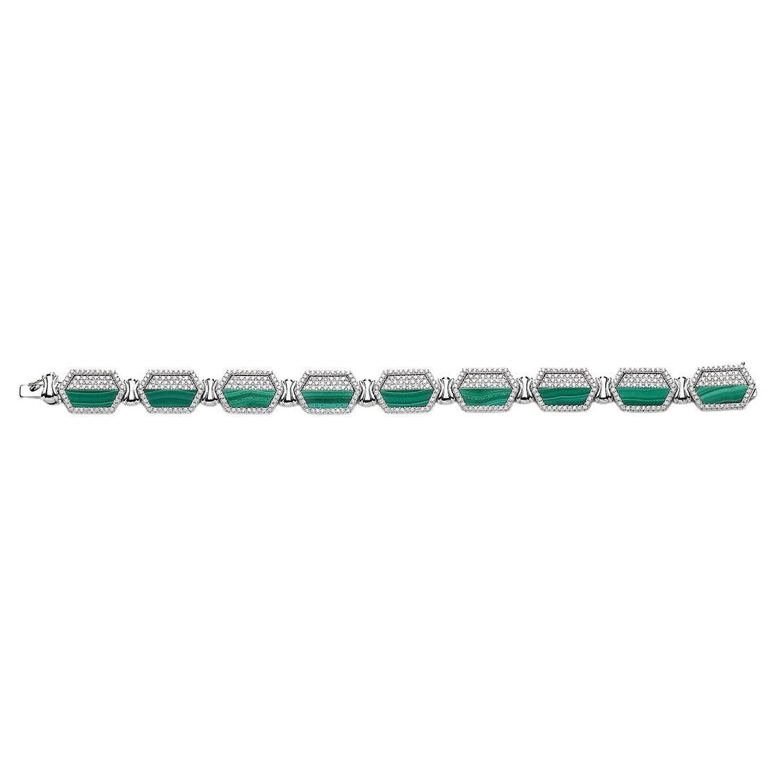 Malachites and Diamonds White Gold Bracelet For Sale