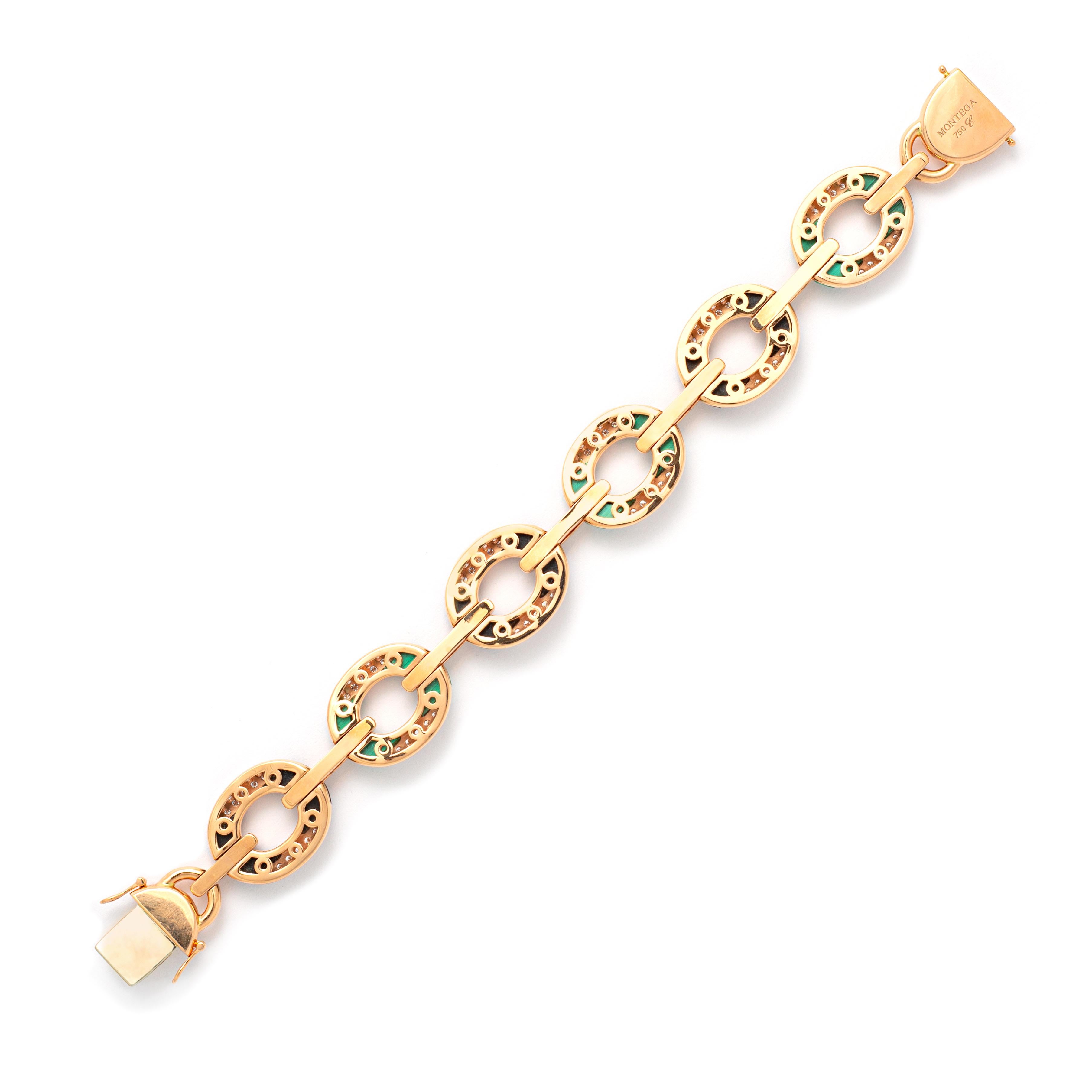 Round Cut Malachites and Onyx Diamond Pink Gold Bracelet For Sale
