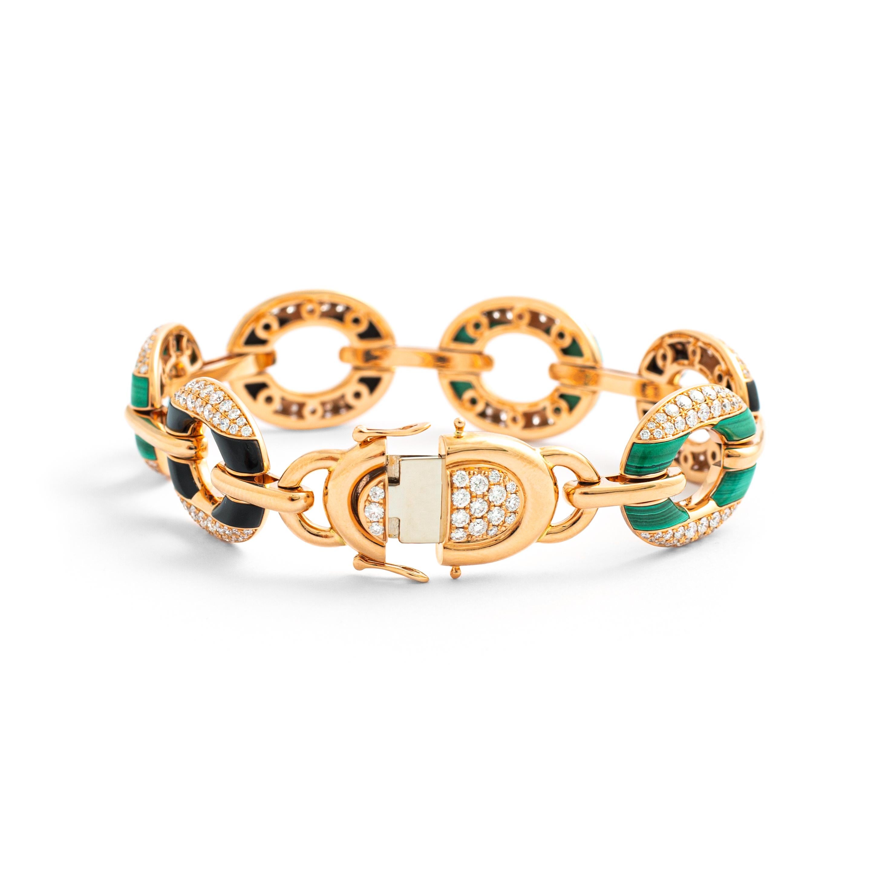 Bracelet en or rose avec malachites et onyx et diamants Neuf - En vente à Geneva, CH