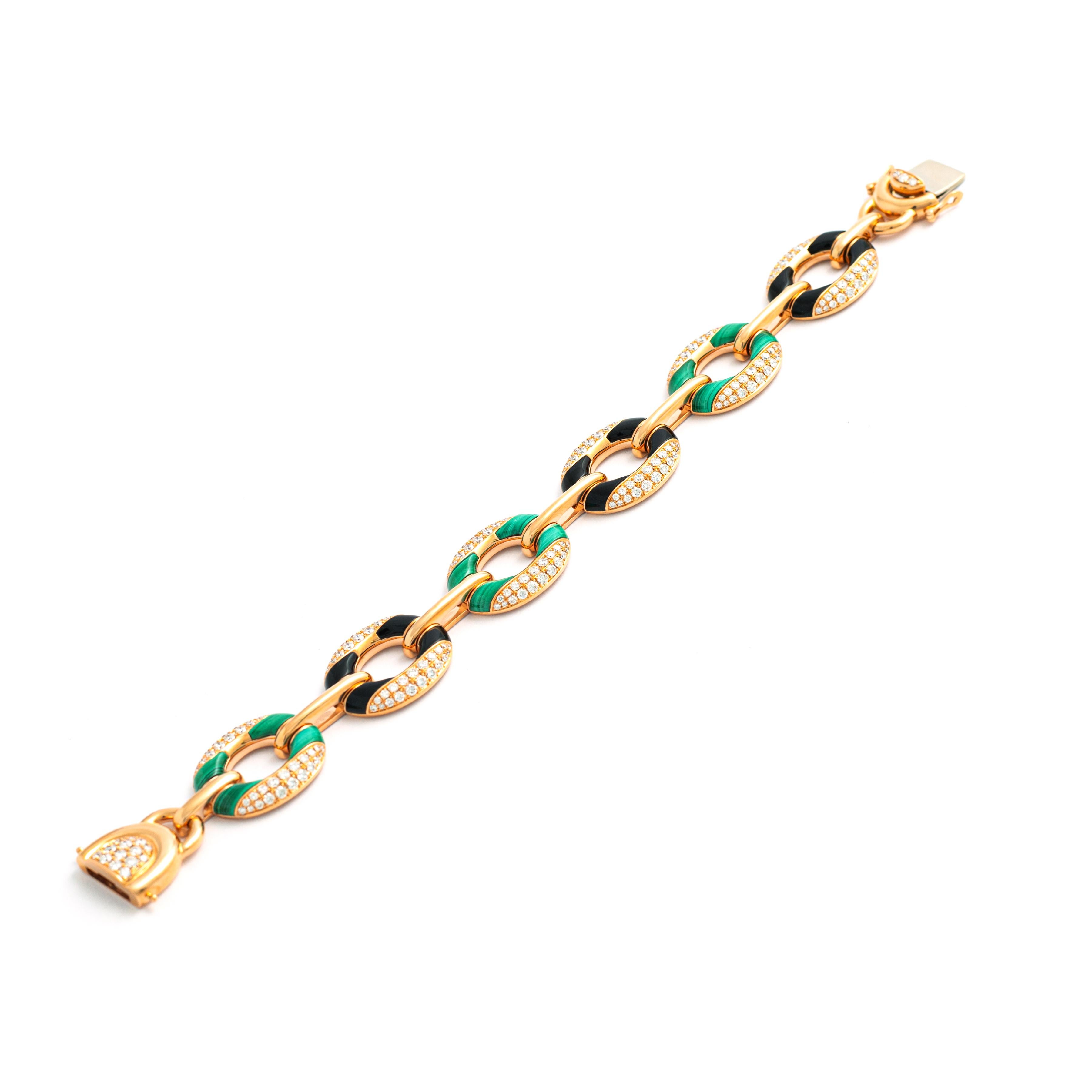 Women's Malachites and Onyx Diamond Pink Gold Bracelet For Sale