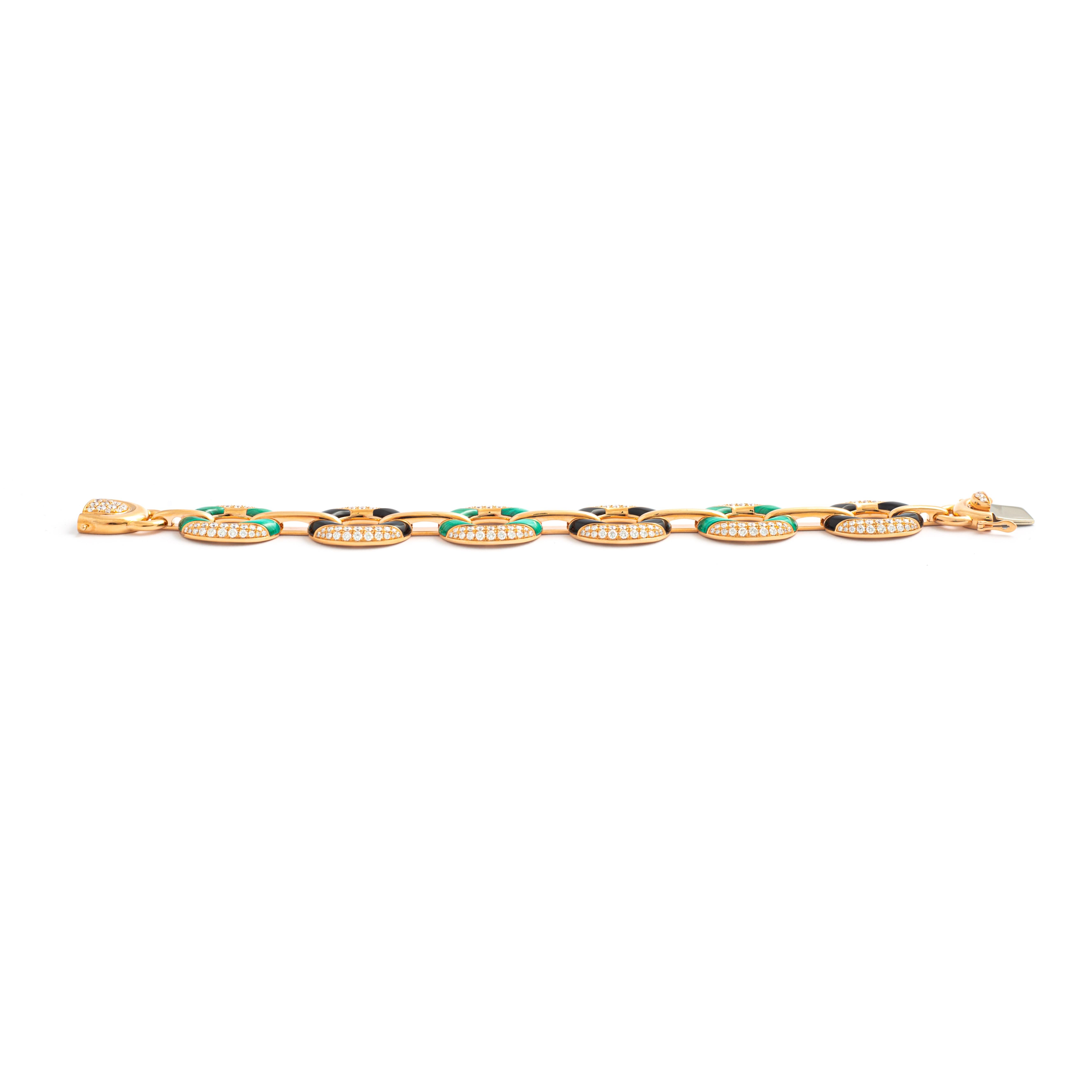Bracelet en or rose avec malachites et onyx et diamants en vente 1