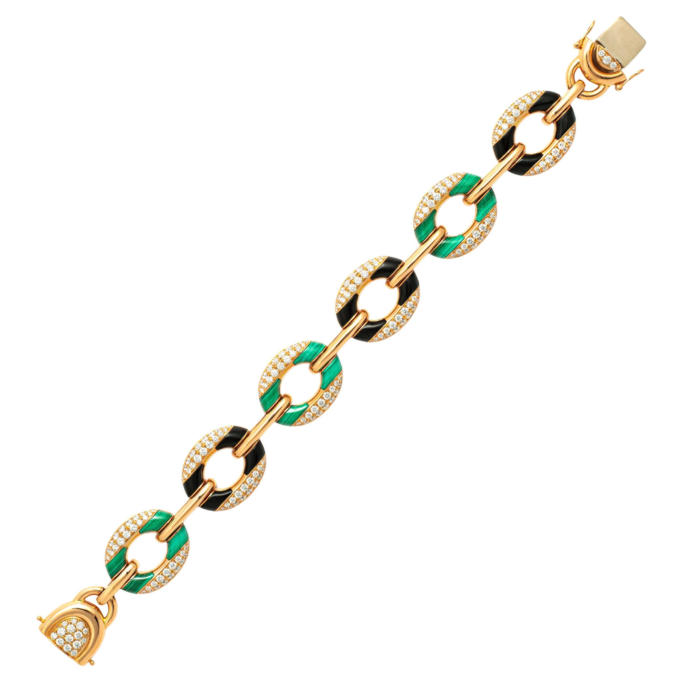 Bracelet en or rose avec malachites et onyx et diamants