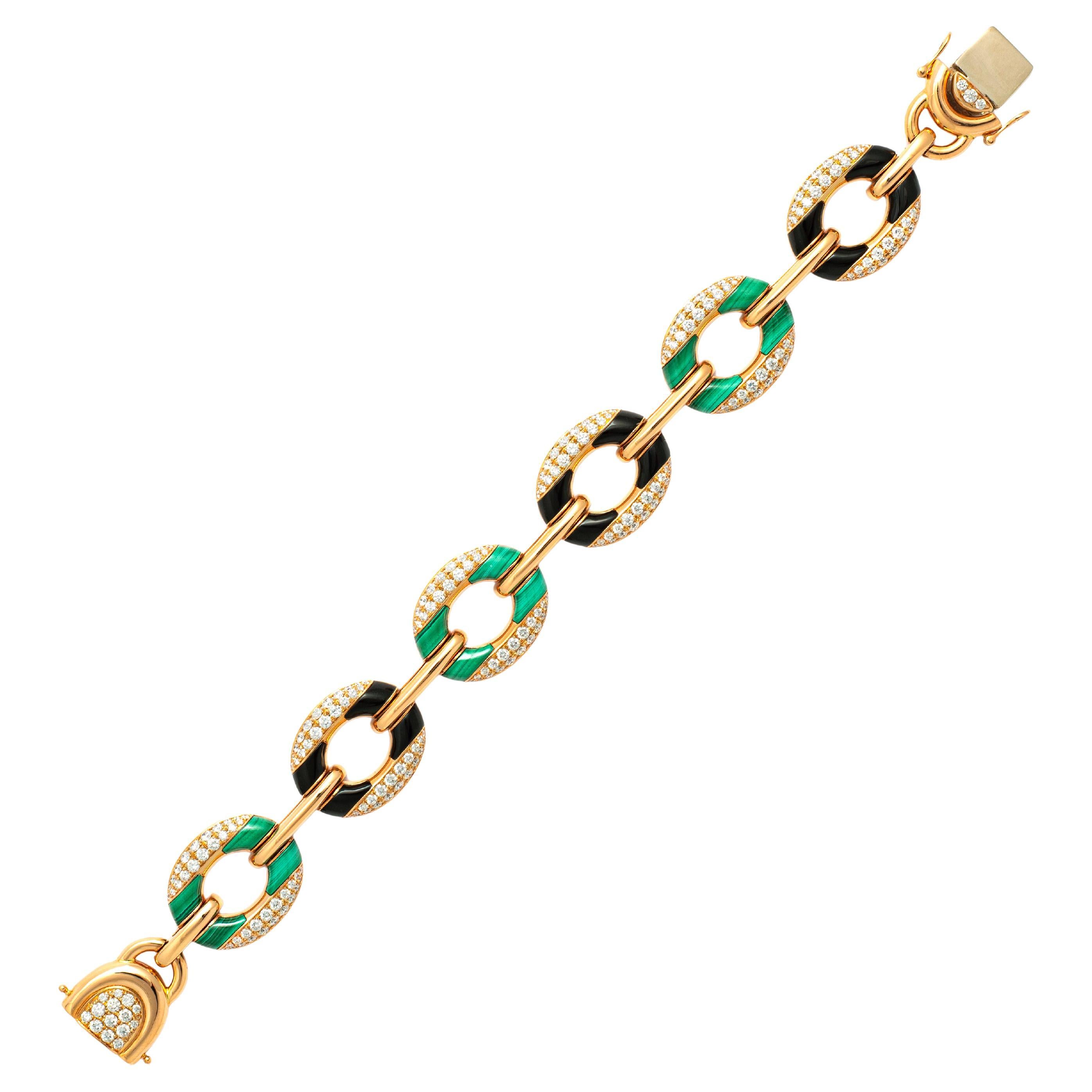 Malachites and Onyx Diamond Pink Gold Bracelet For Sale