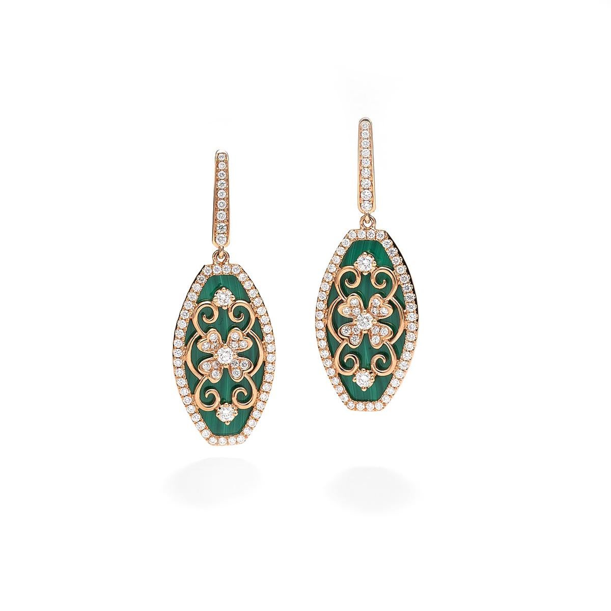Earrings in 18kt pink gold set with 136 diamonds 1.28 cts  and 2 malachites 9.50 cts   