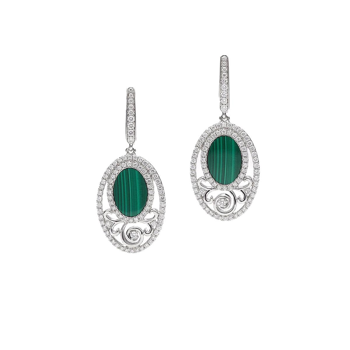 Earrings in 18kt white gold set with 168 diamonds 1.10 cts and 2 malachites 3.88 cts