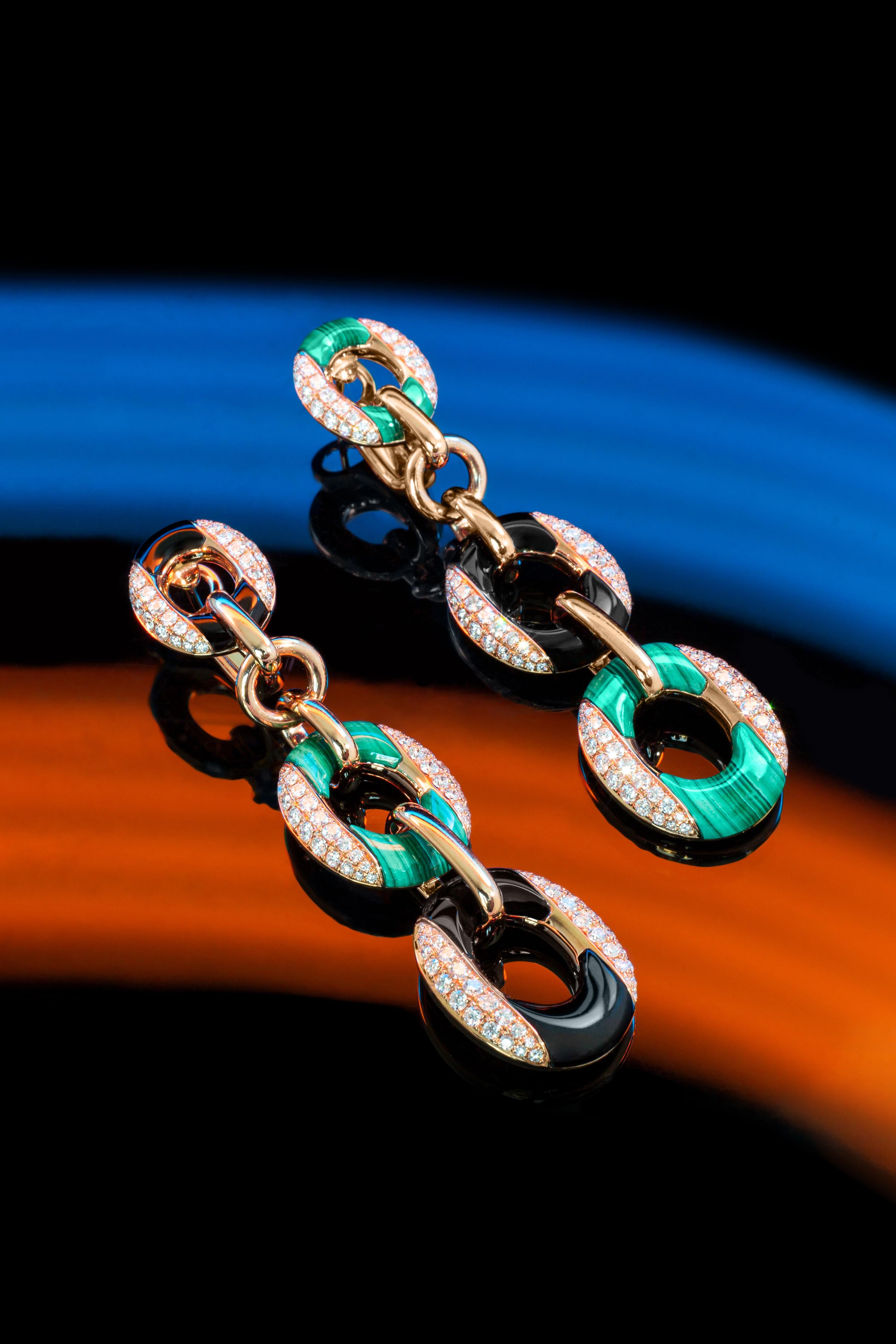 Onyx-Diamant-Ohrringe mit Malachit Damen im Angebot