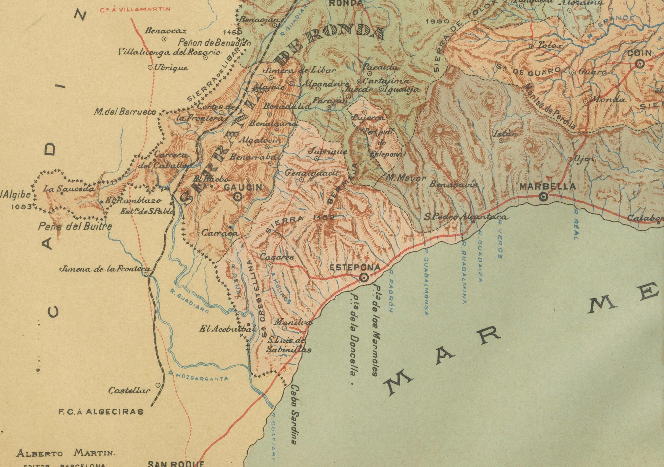 The map depicts the province of Málaga, located in the autonomous community of Andalusia in southern Spain, as it was in 1901. Here are the key features illustrated on the map:

- **Topography**: The map highlights the mountainous regions of Málaga,