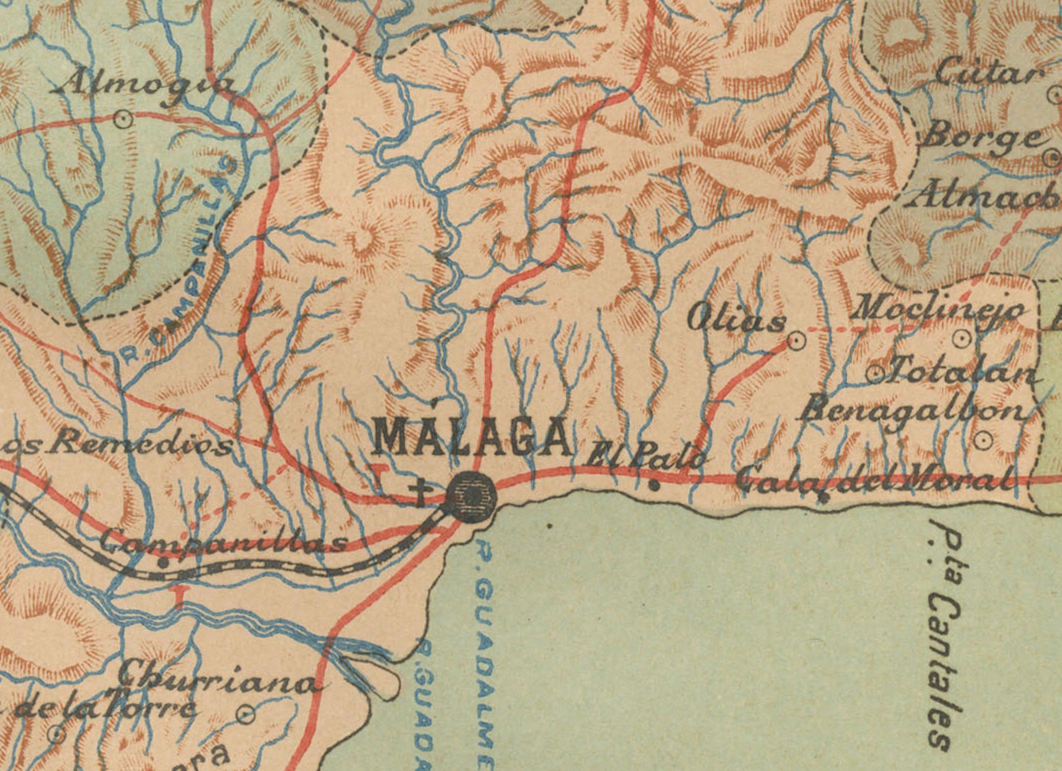 Málaga 1901: Eine kartografische Detailaufnahme von Andalusiens Küstenjuwel (Papier) im Angebot