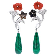 Vintage Malakite, Coral, Black Stones, Diamonds, Platinum Dangle Earrings