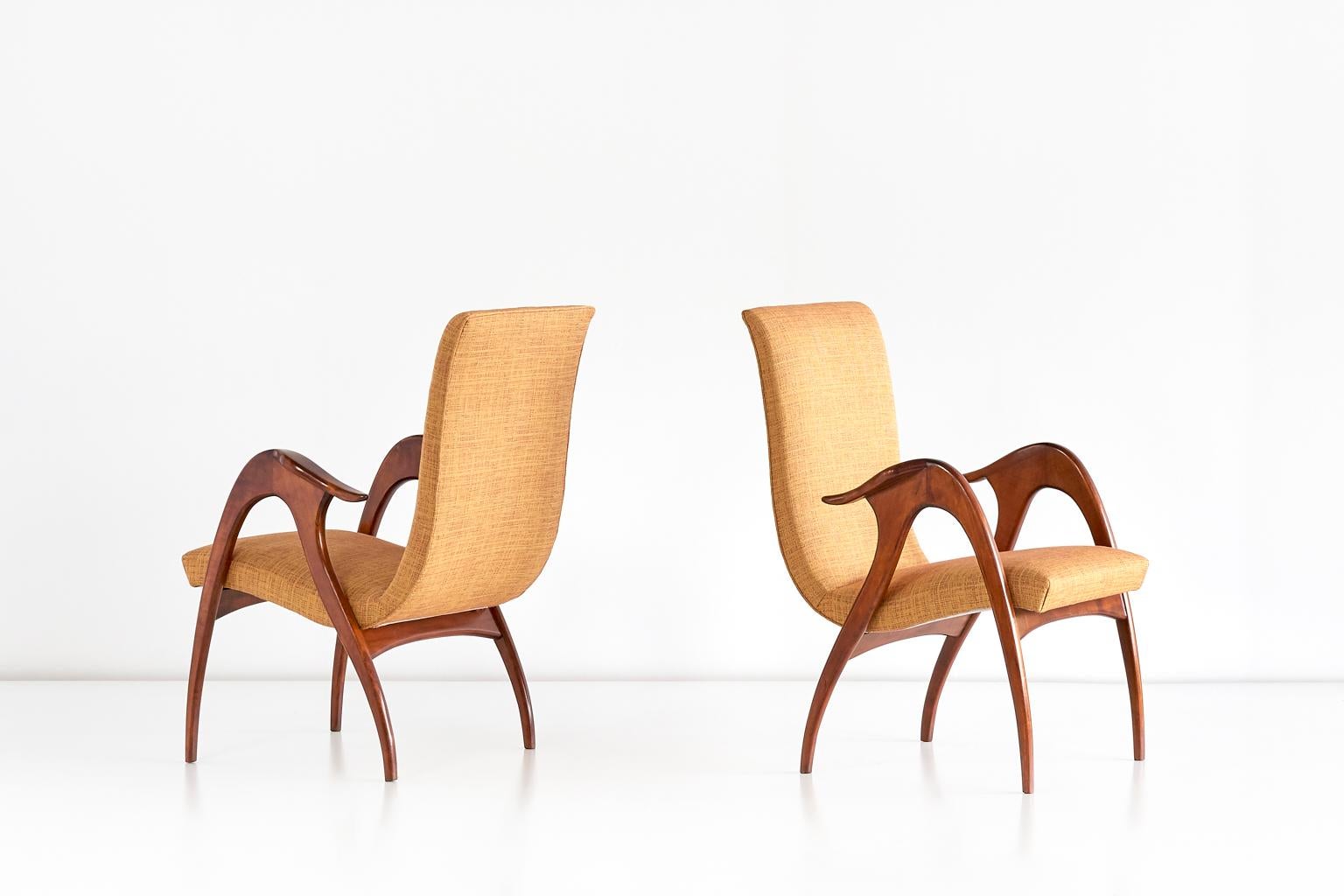 Fabric Malatesta and Mason Pair of Sculptural Armchairs in Walnut, Italy, Early 1950s