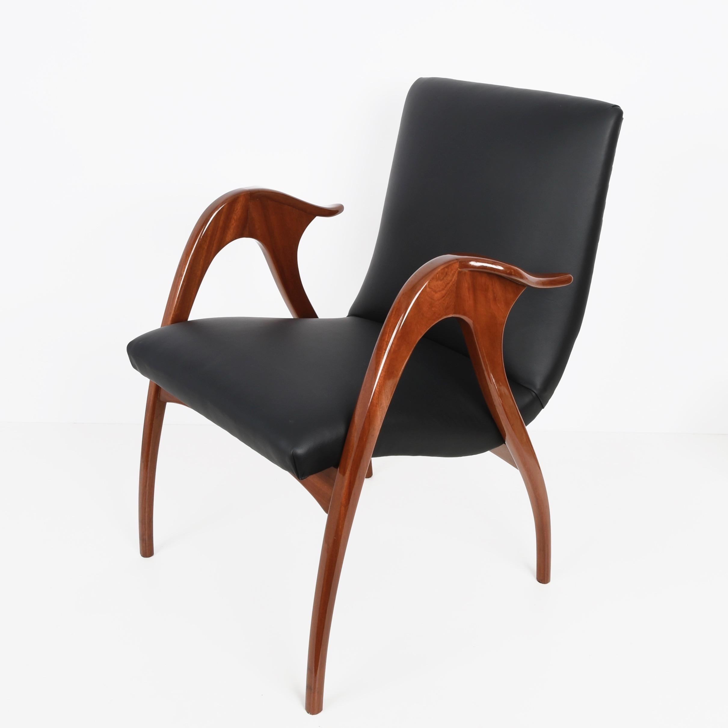 Italienischer Sessel aus Malatesta & Mason Nussbaum und schwarzem Leder, 1950er Jahre im Angebot 6