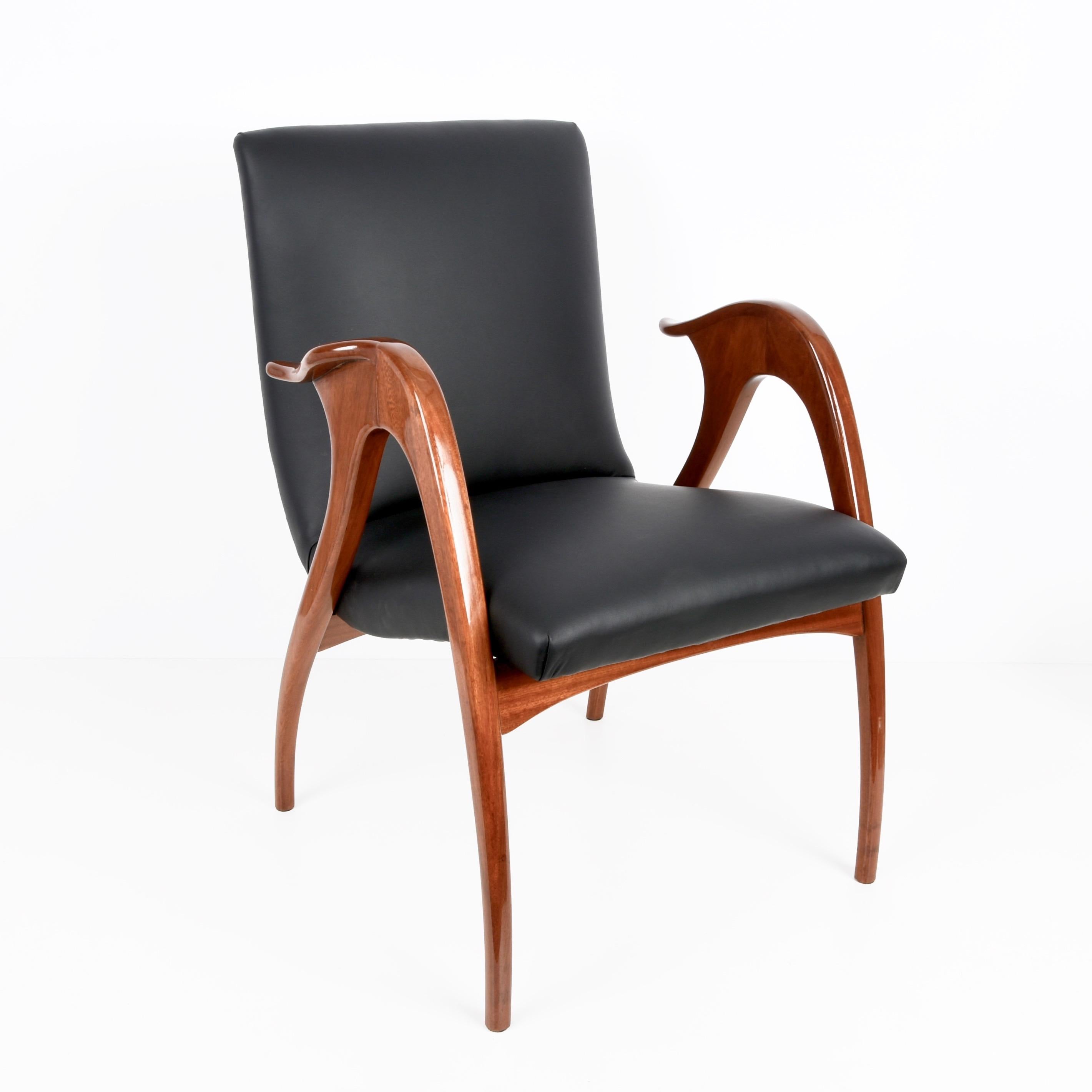 Italienischer Sessel aus Malatesta & Mason Nussbaum und schwarzem Leder, 1950er Jahre im Angebot 8