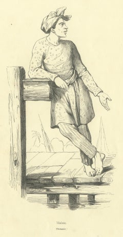Popolo malese dell’Oceania, stampa antica di un costume di Wahlen, 1843-1844