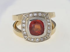 Malaya Garnet, Diamond, Palladium, 14K Yellow Gold Ring