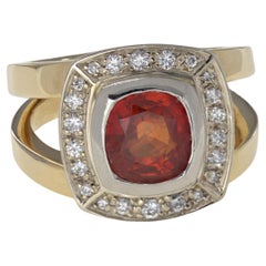 Vintage Malaya Garnet, Diamond, Palladium, 14K Yellow Gold Ring