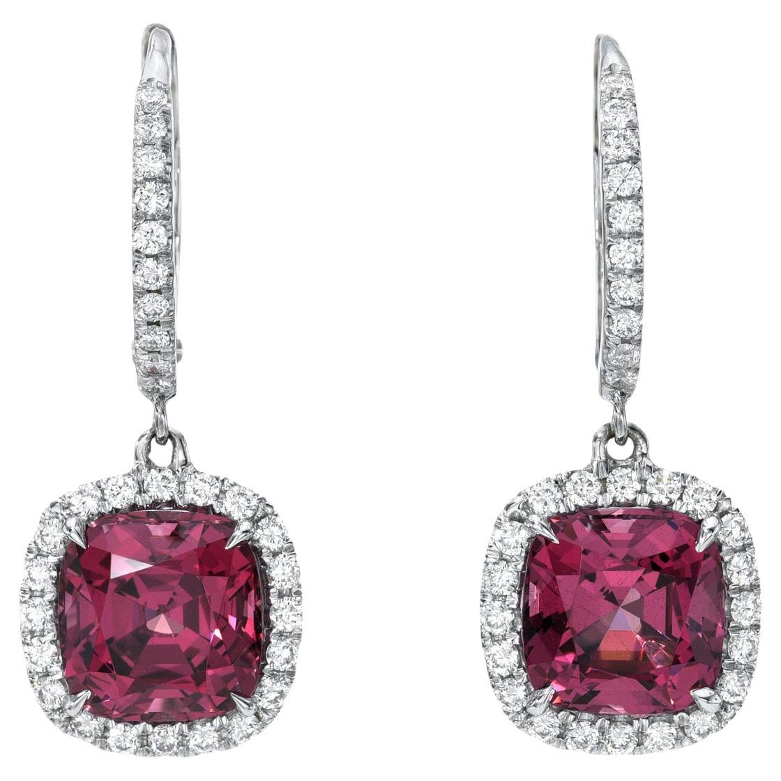 Unique 4.44 Carat Malaya Garnet Cushion Diamond Earrings – GIA - Custom Jewelry For Sale