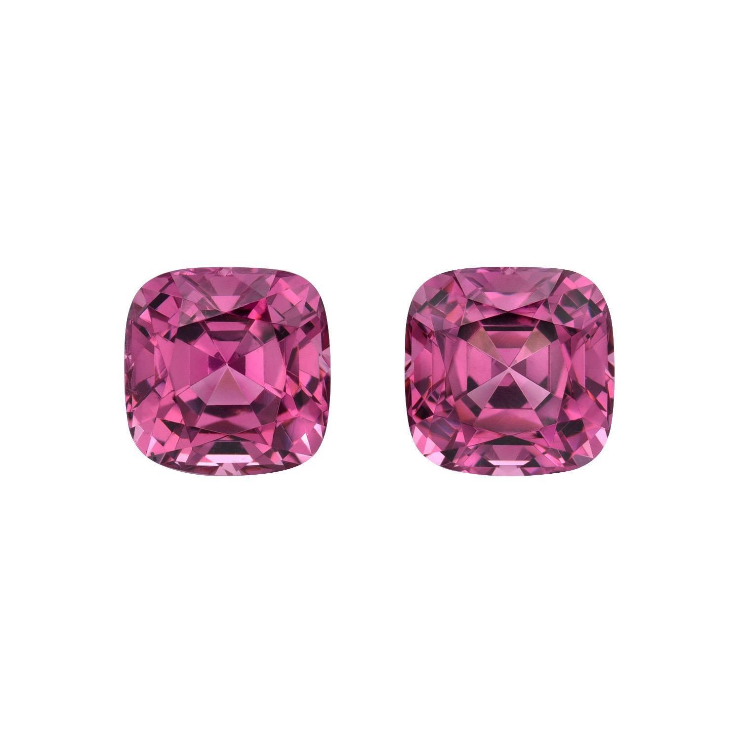 Marvelous mismatched pair of 2.95 carat Malaya Garnet cushions and 6.74 carats Pink Tourmaline cushions, offered loose and unmounted to an exclusive gemstone connoisseur.
Dimensions: Top 6.1 x 6.1 mm. Bottom 9 x 8.1 mm.
Returns are accepted and paid