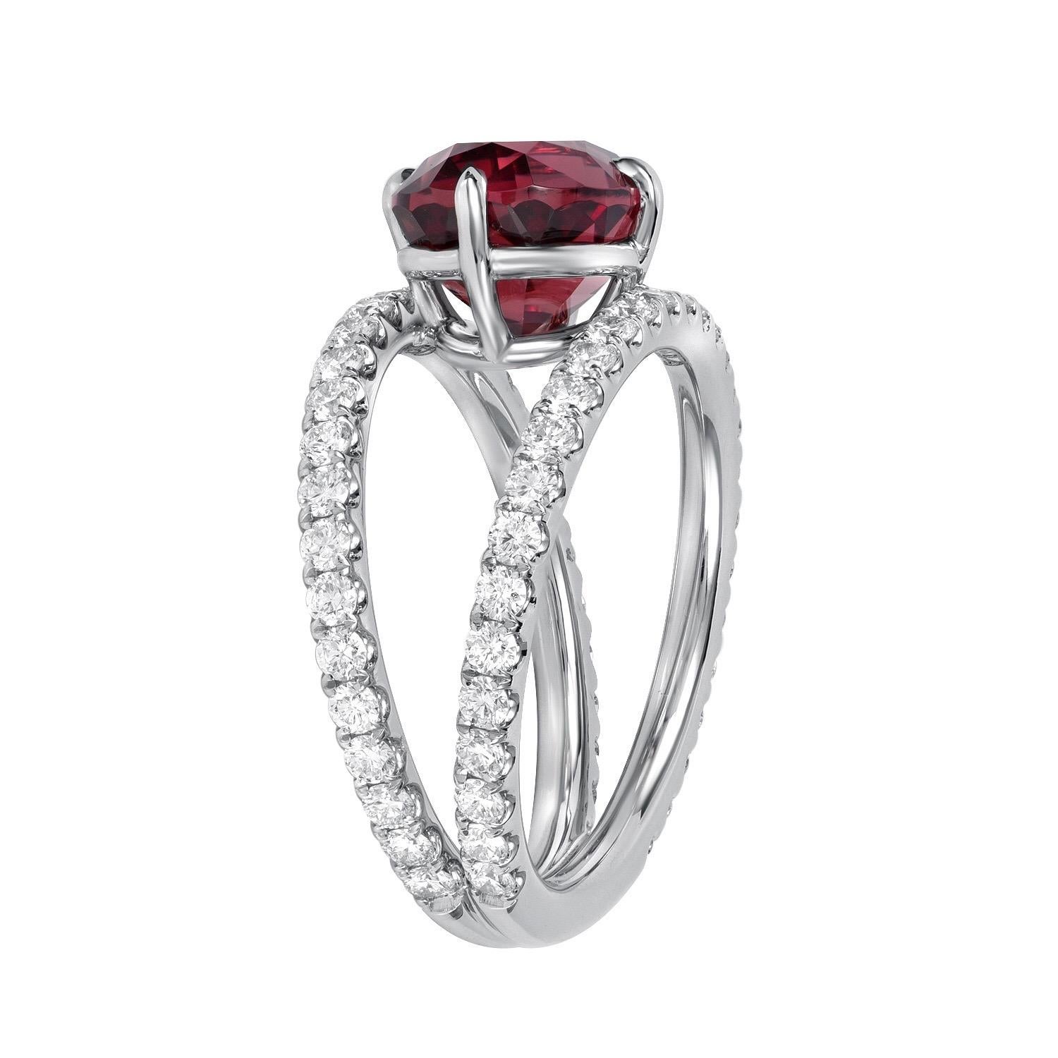 Splendid 4.23 carat Malaya Garnet oval, set in a unique 1.06 carat total, diamond platinum ring.
Ring size 6. Resizing is complimentary upon request.
Returns are accepted and paid by us within 7 days of delivery. 

Garnet is the birthstone for