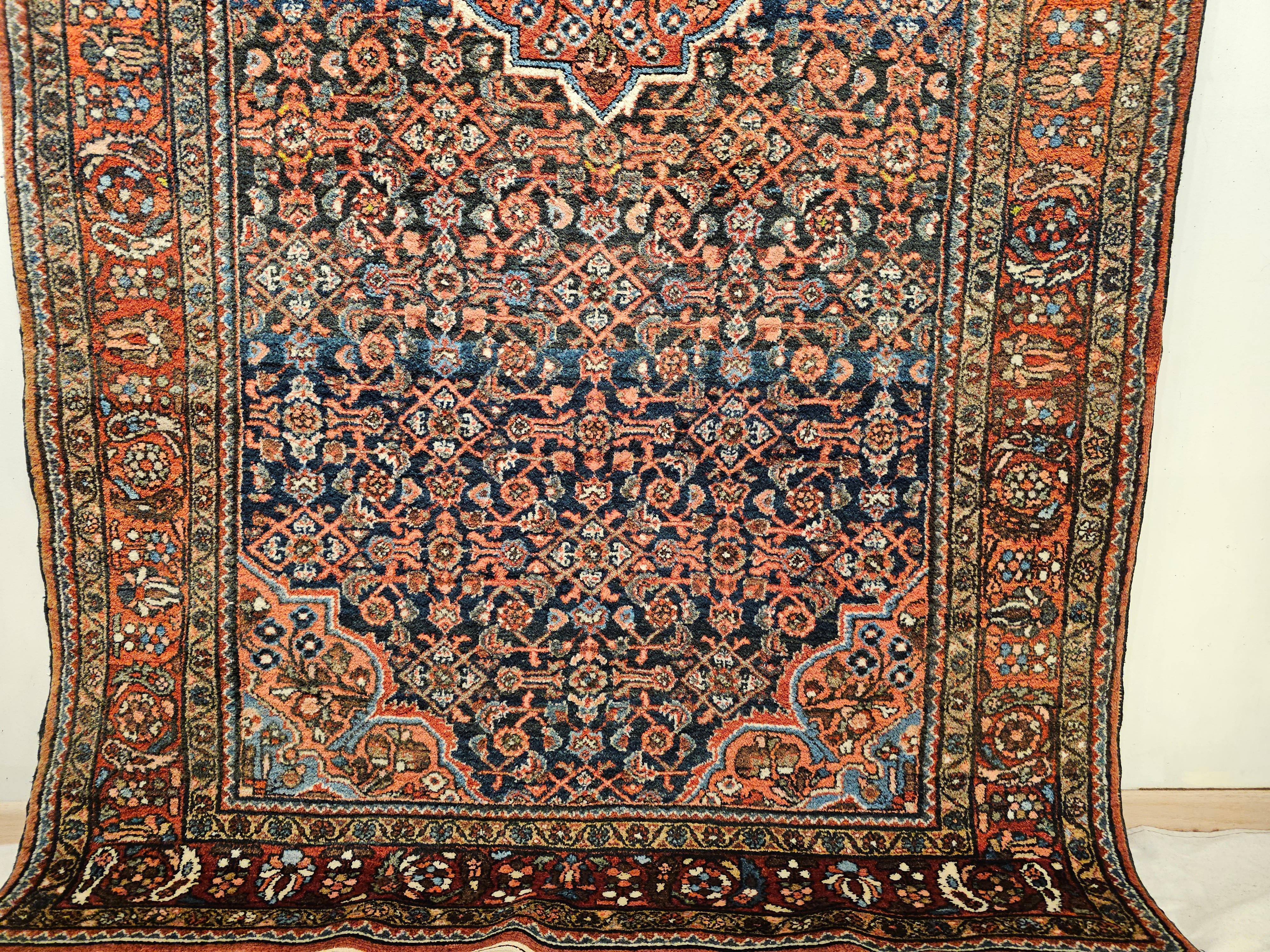Wool Vintage Persian Malayer in Allover Pattern in Navy Blue, Brick Red, Blue, Pink For Sale