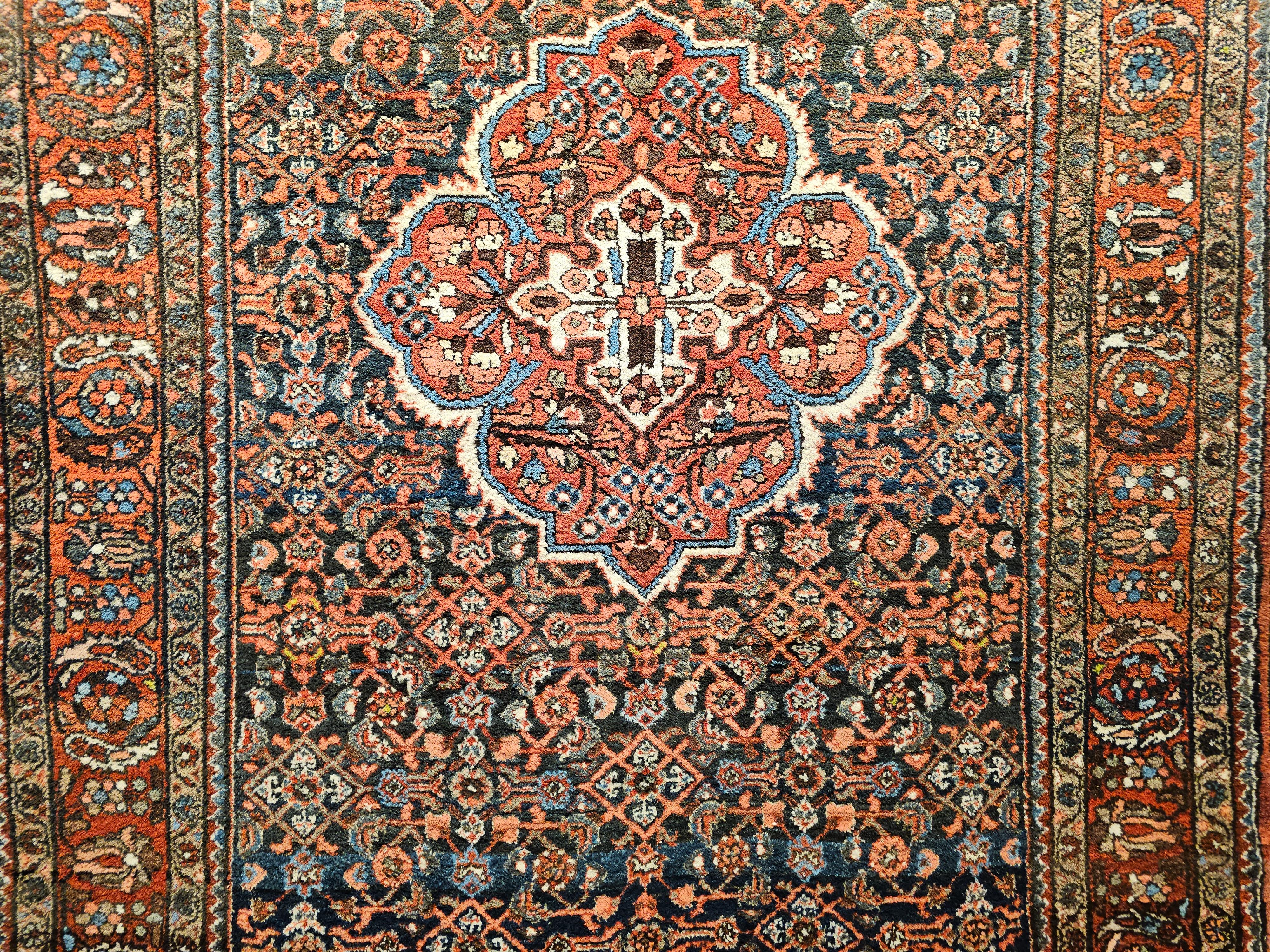 Vintage Persian Malayer in Allover Pattern in Navy Blue, Brick Red, Blue, Pink For Sale 1