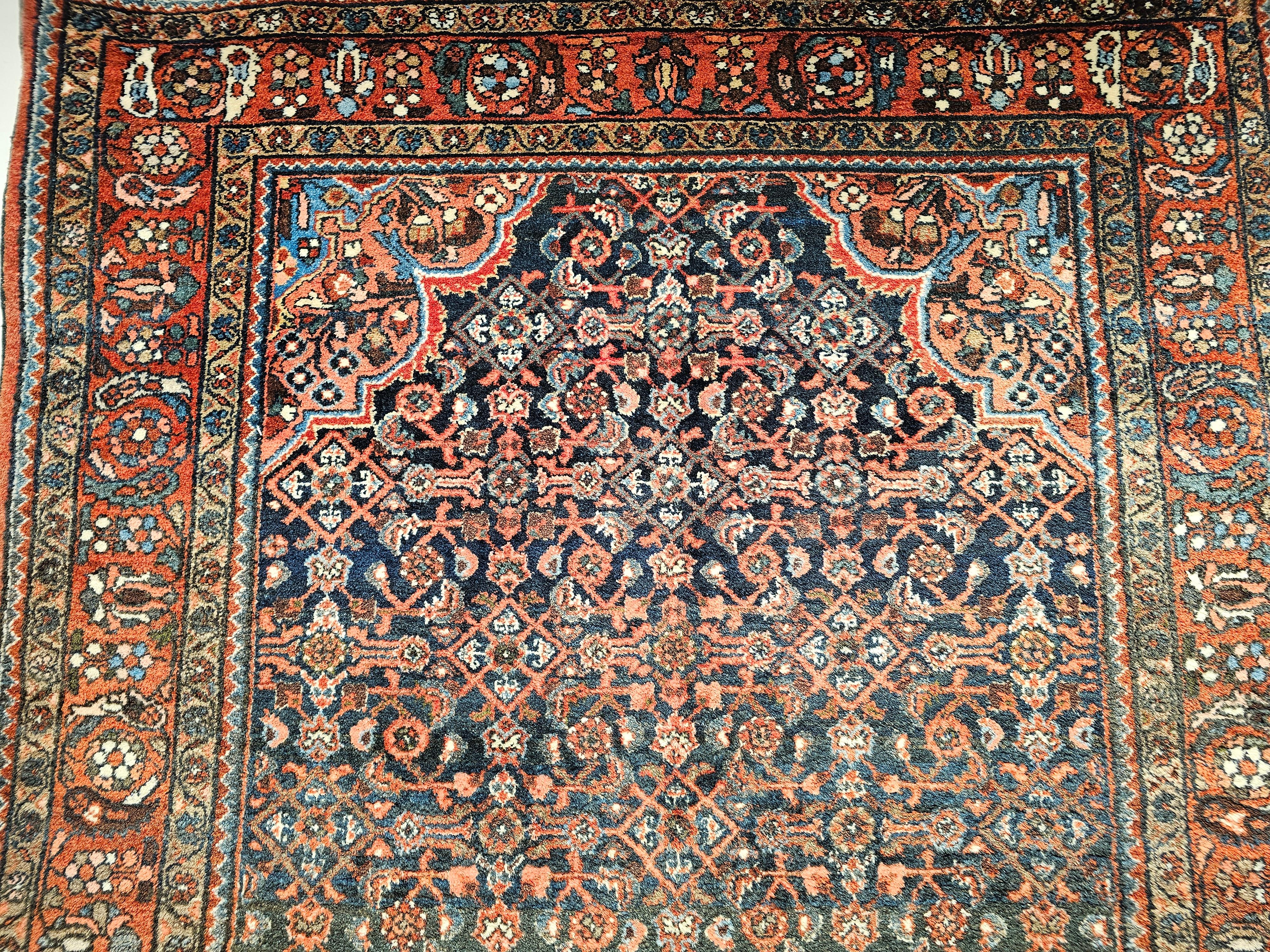 Hand-Knotted Vintage Persian Malayer in Allover Pattern in Navy Blue, Brick Red, Blue, Pink For Sale