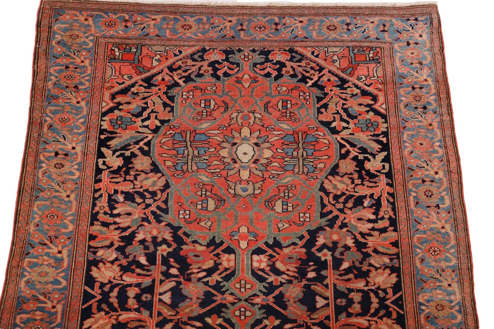 Hand-Knotted Malayer Antique Rug, Duo-Medallion Red Blue - 4'6