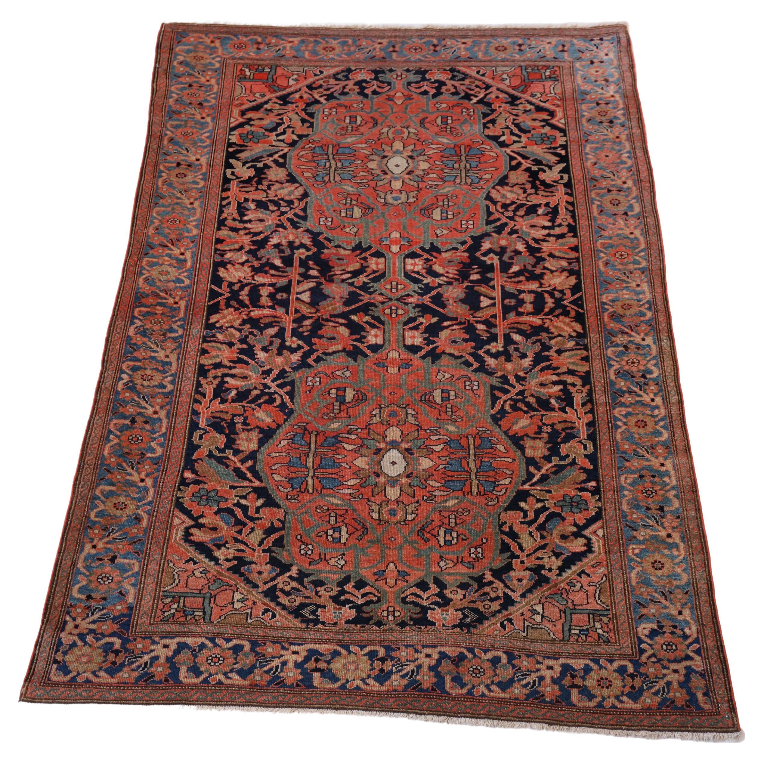 Malayer Antique Rug, Duo-Medallion Red Blue - 4'6" x 6' For Sale