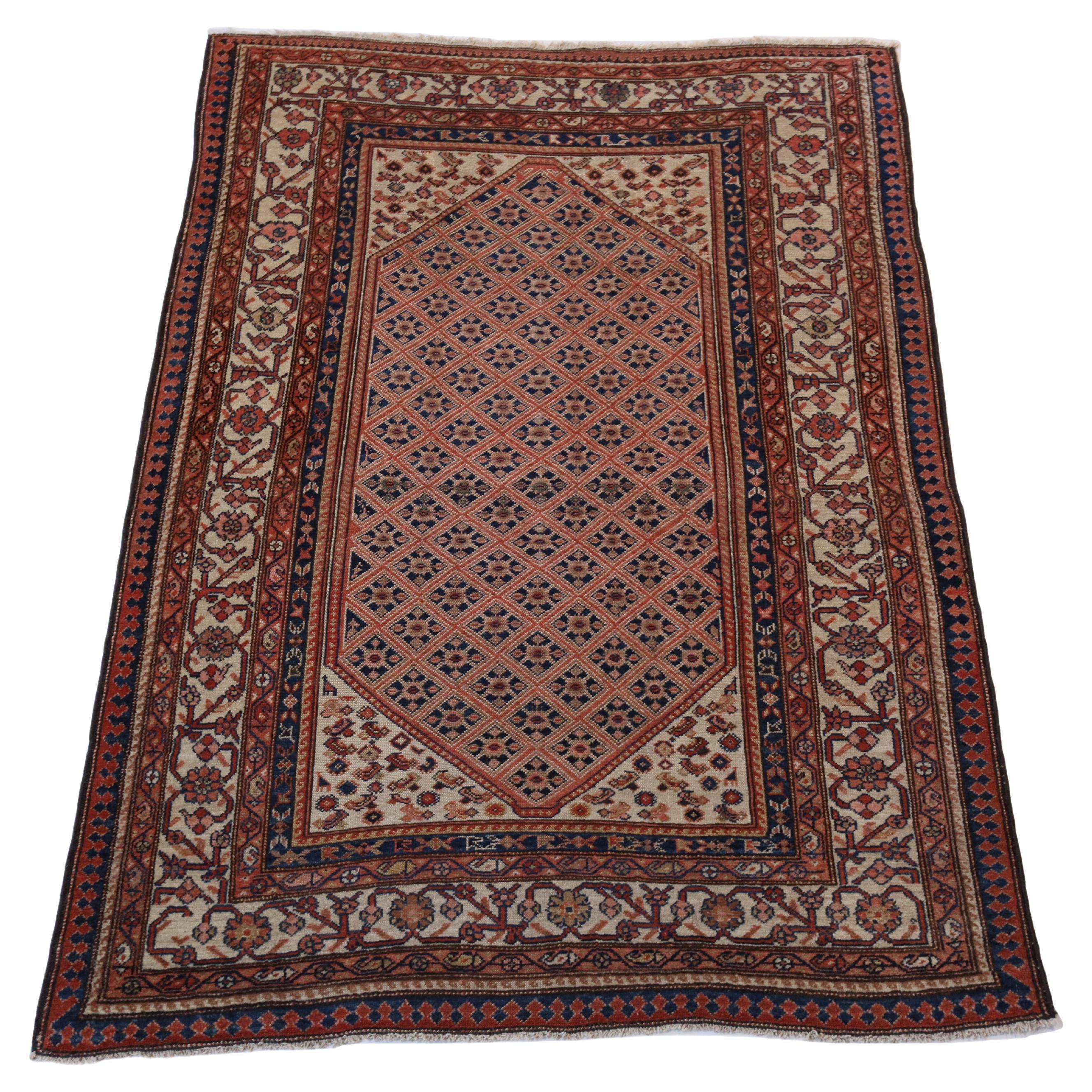 Malayer Antiker Teppich, rot, elfenbeinblau, 4 x 6