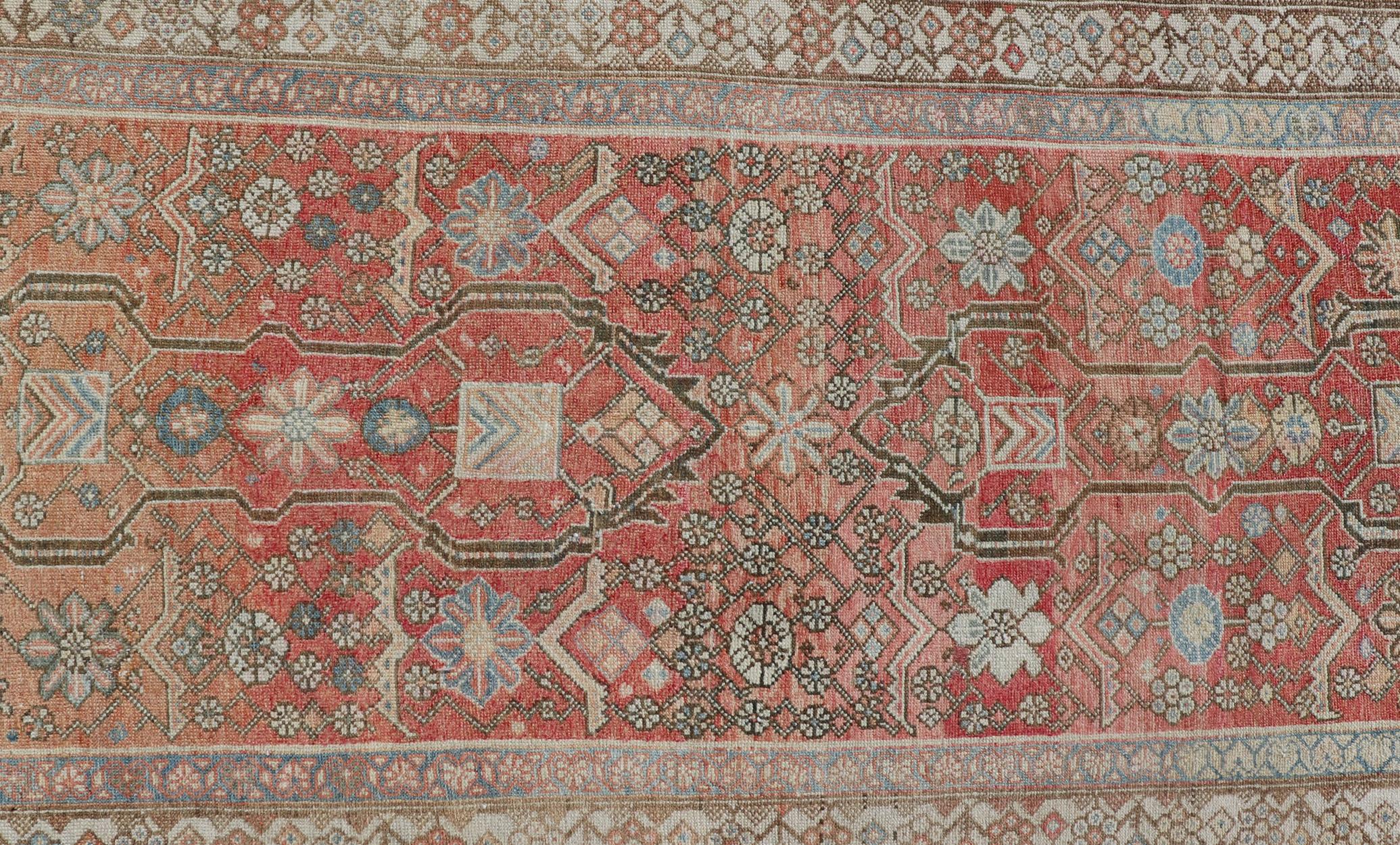 Persian Malayer Antique Runner in Gray Blue, Coral, and Cream with All-Over Design For Sale