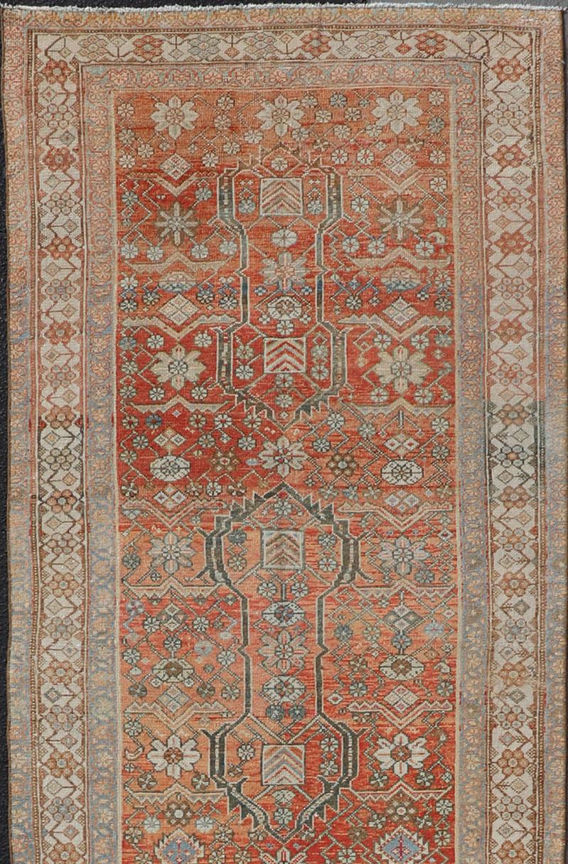 Hand-Knotted Malayer Antique Runner in Gray Blue, Coral, and Cream with All-Over Design For Sale