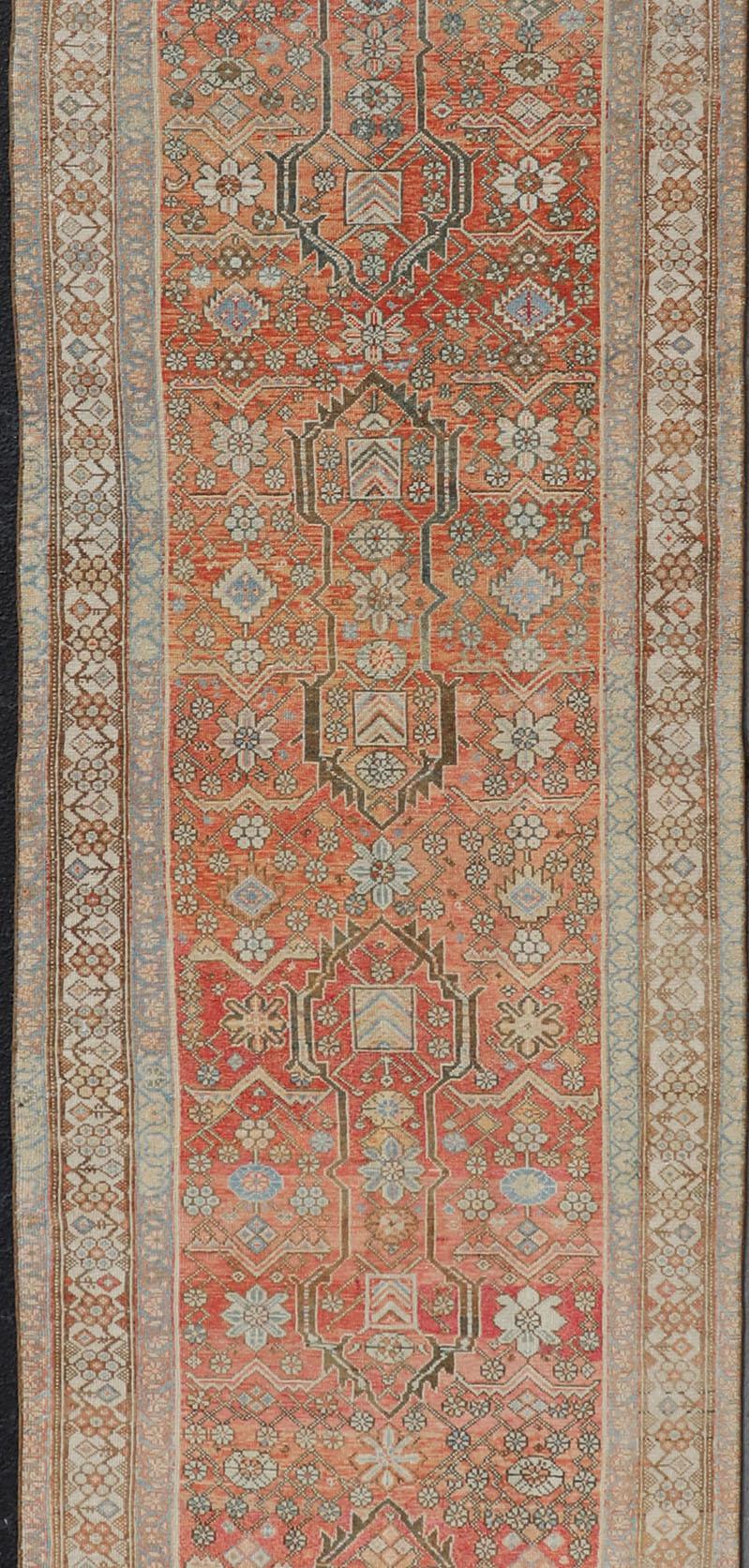 Malayer Antique Runner in Gray Blue, Coral, and Cream with All-Over Design In Good Condition For Sale In Atlanta, GA