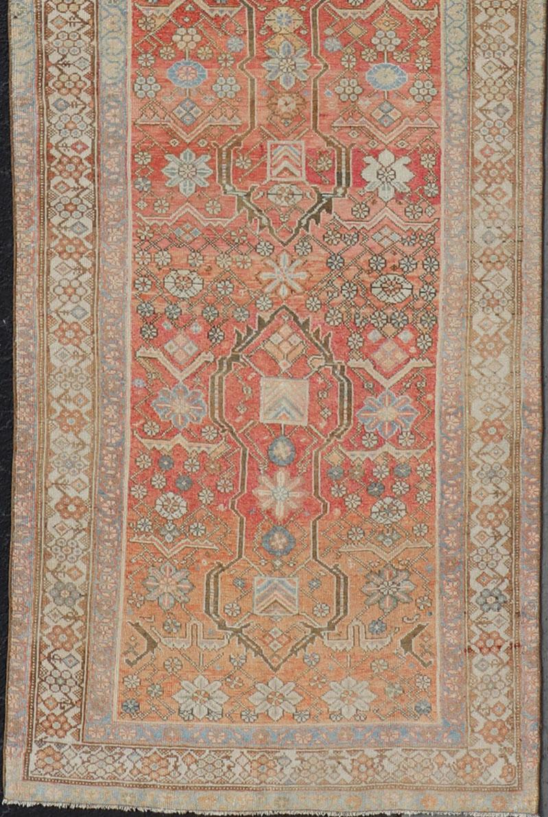 20th Century Malayer Antique Runner in Gray Blue, Coral, and Cream with All-Over Design For Sale