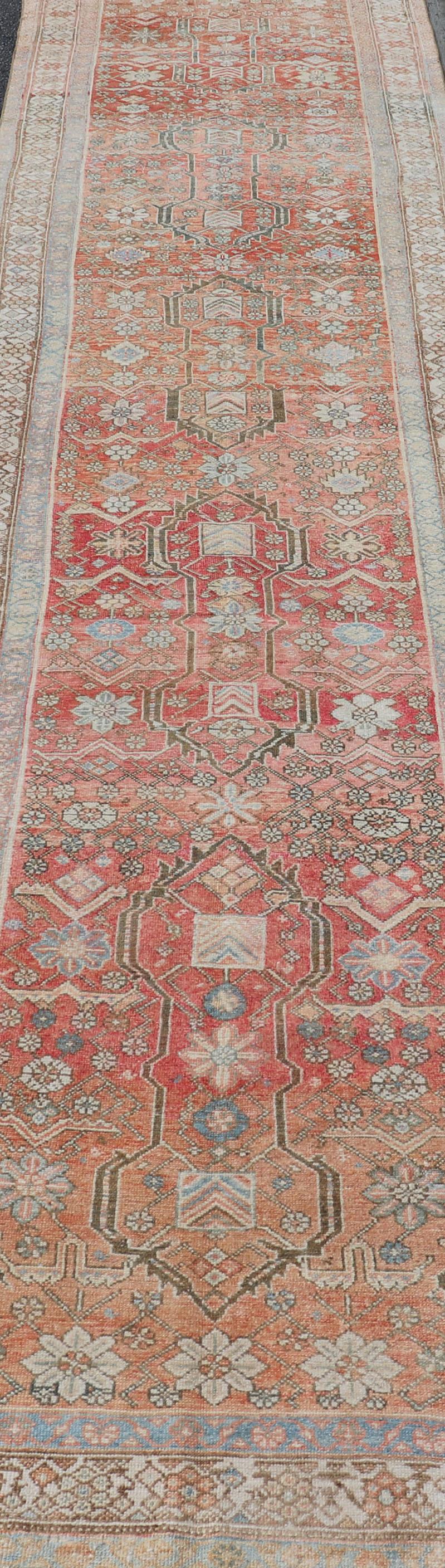 Wool Malayer Antique Runner in Gray Blue, Coral, and Cream with All-Over Design For Sale