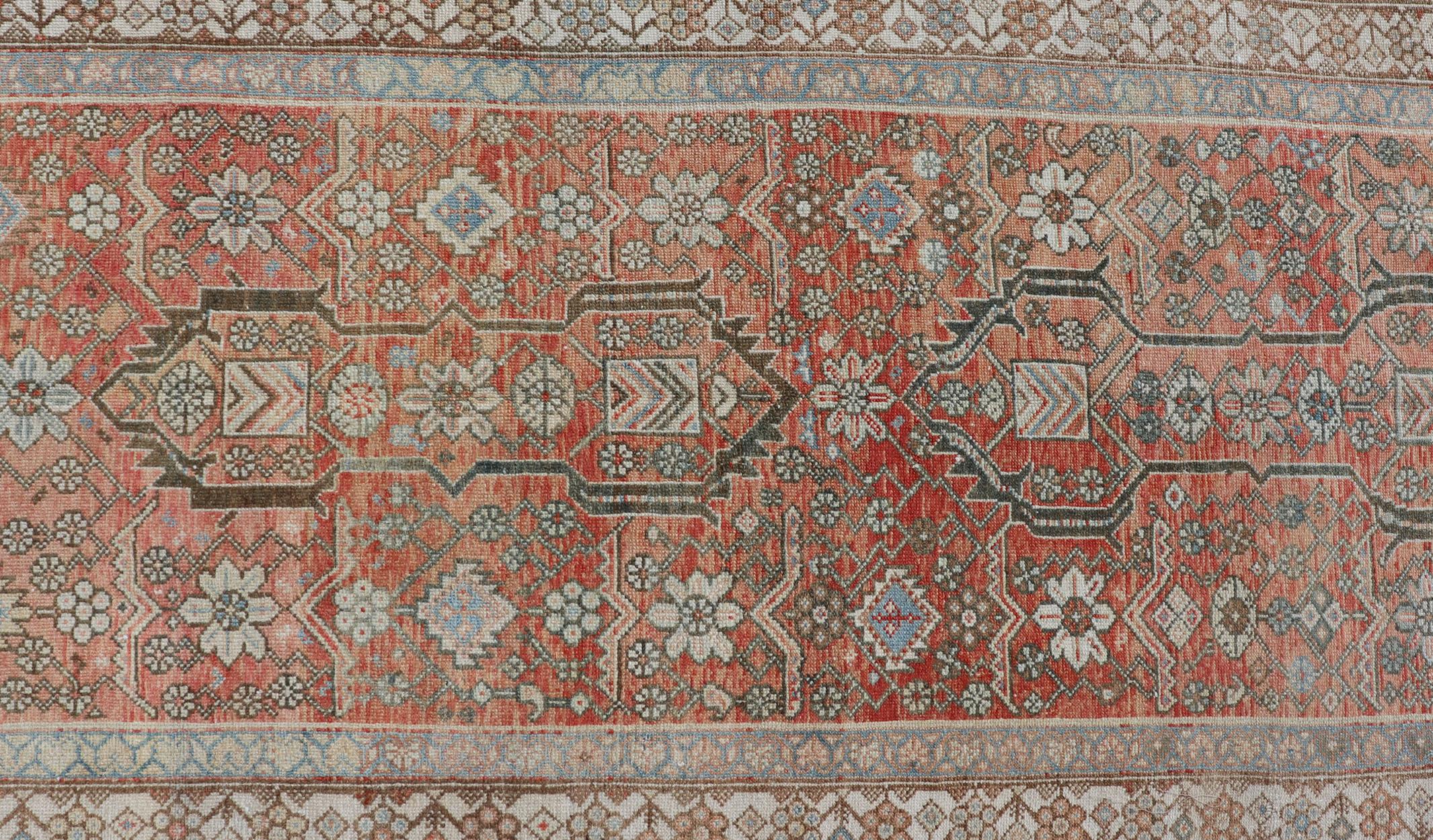 Malayer Antique Runner in Gray Blue, Coral, and Cream with All-Over Design For Sale 2