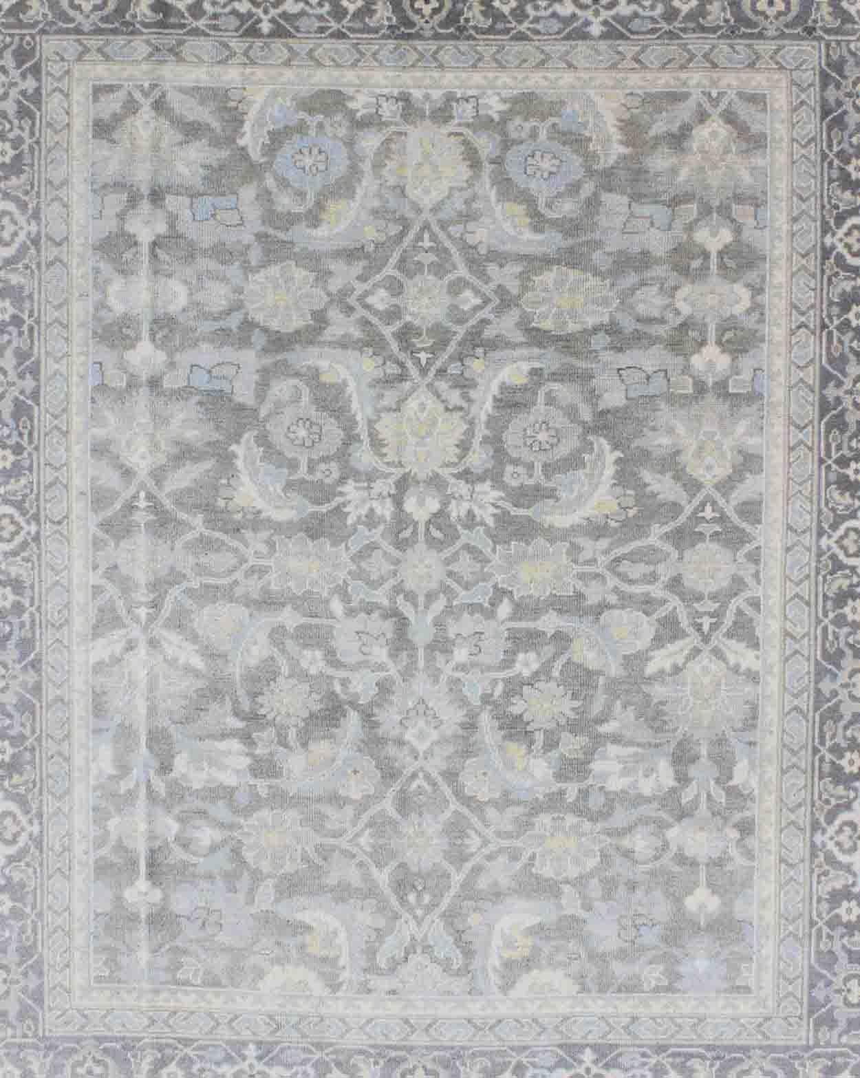 Hand-Knotted Malayer Design Rug in Gray, Silver, Light Blue and Charcoal by Keivan Woven Arts For Sale