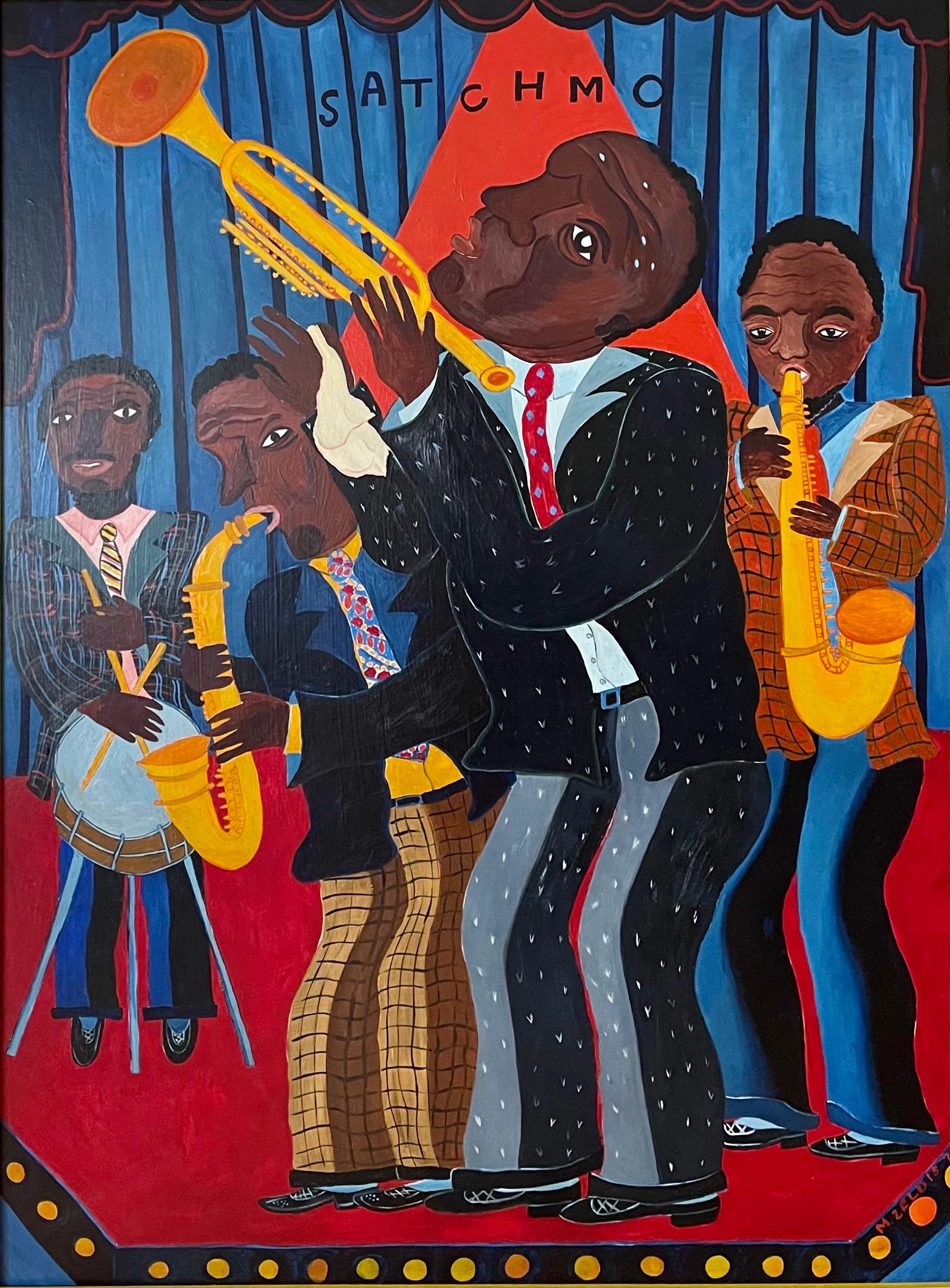 Grande peinture à l'huile d'art populaire de Malcah Zeldis Jazz Great « Satchmo » de Louis Armstrong  en vente 10
