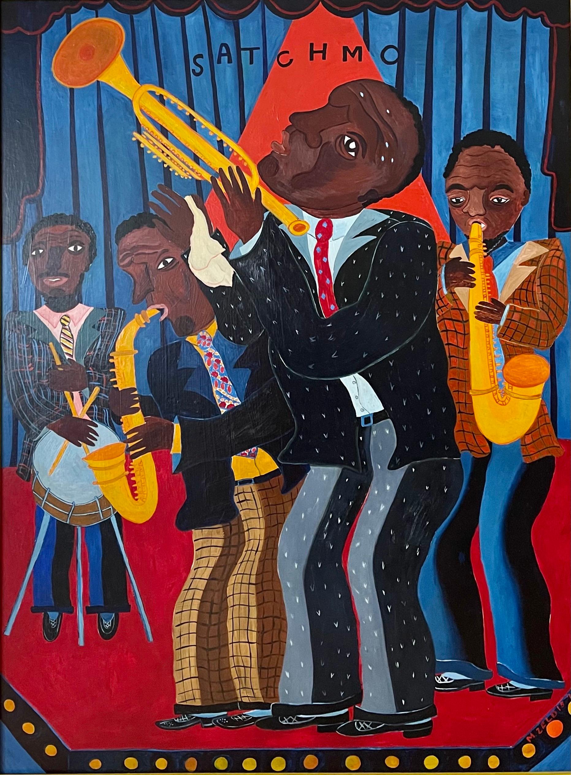 Gran cuadro al óleo de arte popular de Malcah Zeldis El gran jazzista 