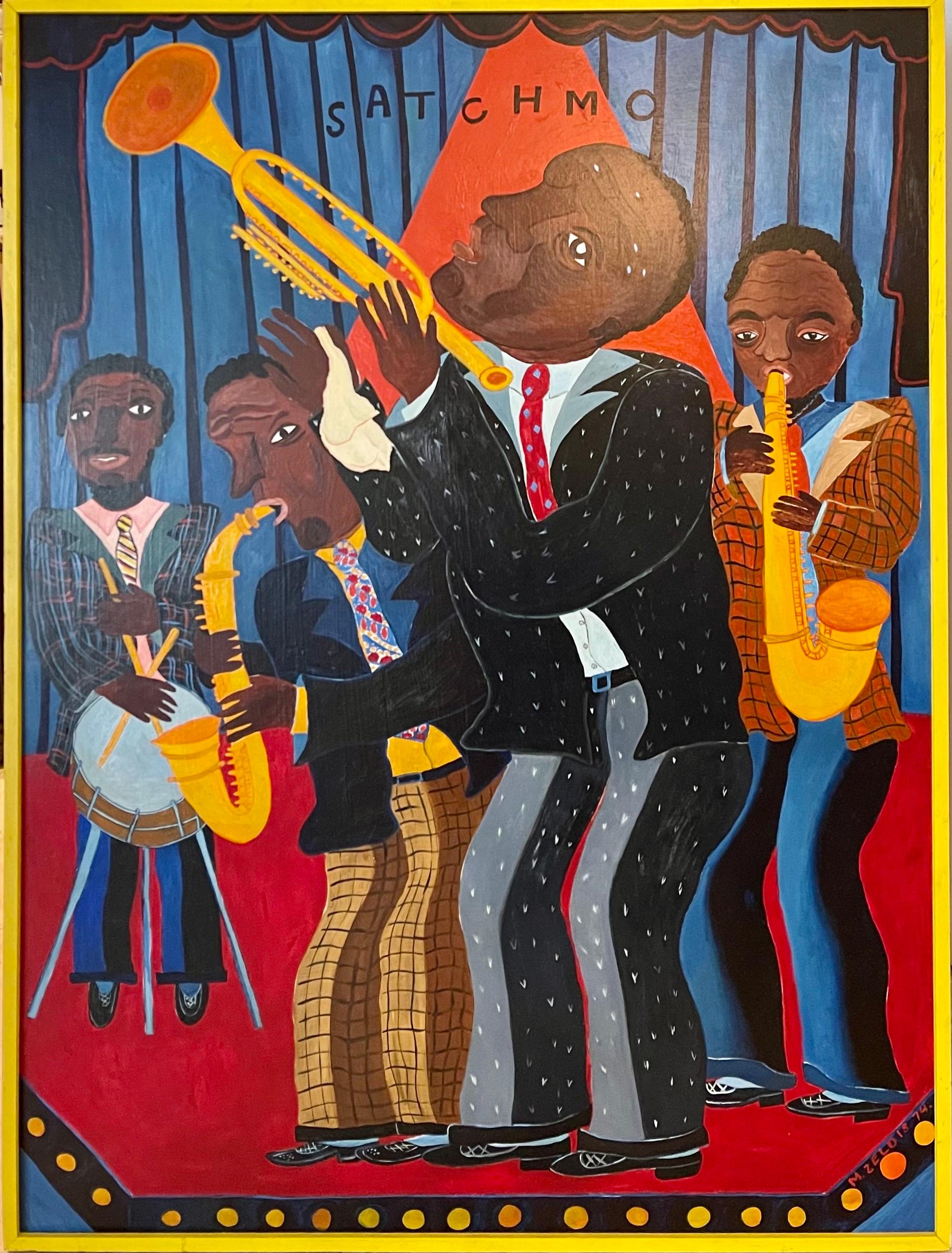 Grande peinture à l'huile d'art populaire de Malcah Zeldis Jazz Great « Satchmo » de Louis Armstrong  en vente 11