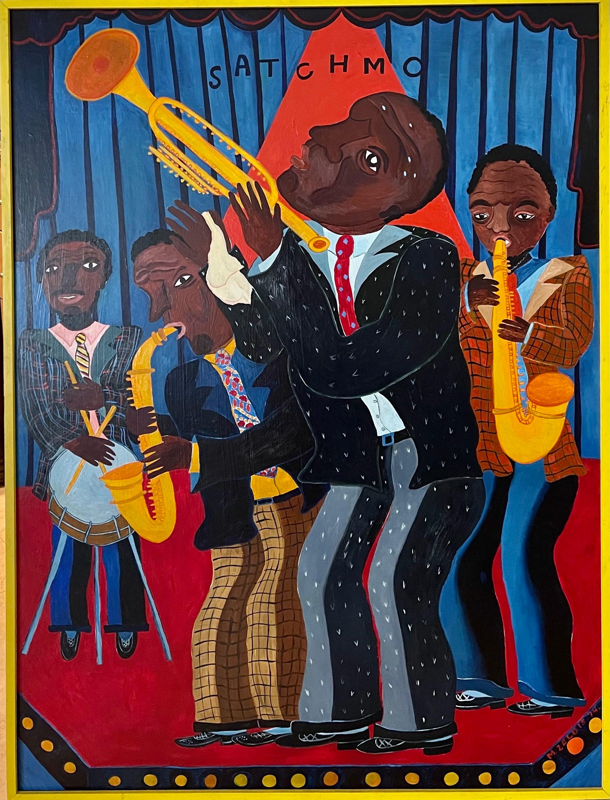 Grande peinture à l'huile d'art populaire de Malcah Zeldis Jazz Great « Satchmo » de Louis Armstrong  en vente 1