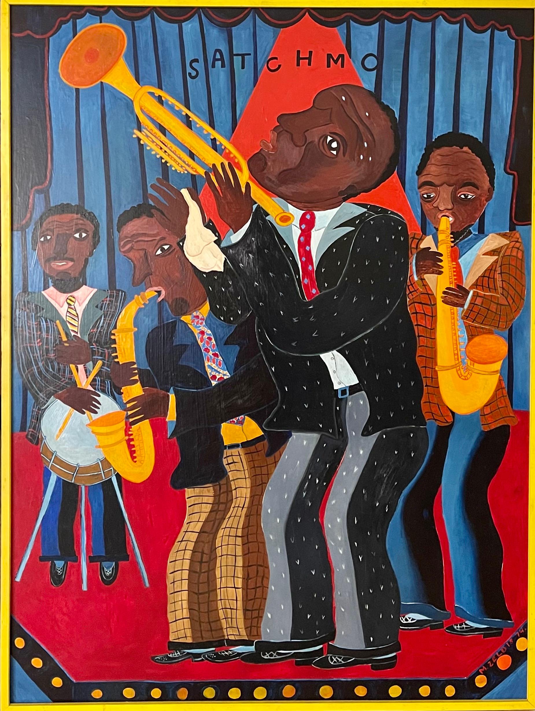 Grande peinture à l'huile d'art populaire de Malcah Zeldis Jazz Great « Satchmo » de Louis Armstrong  en vente 2