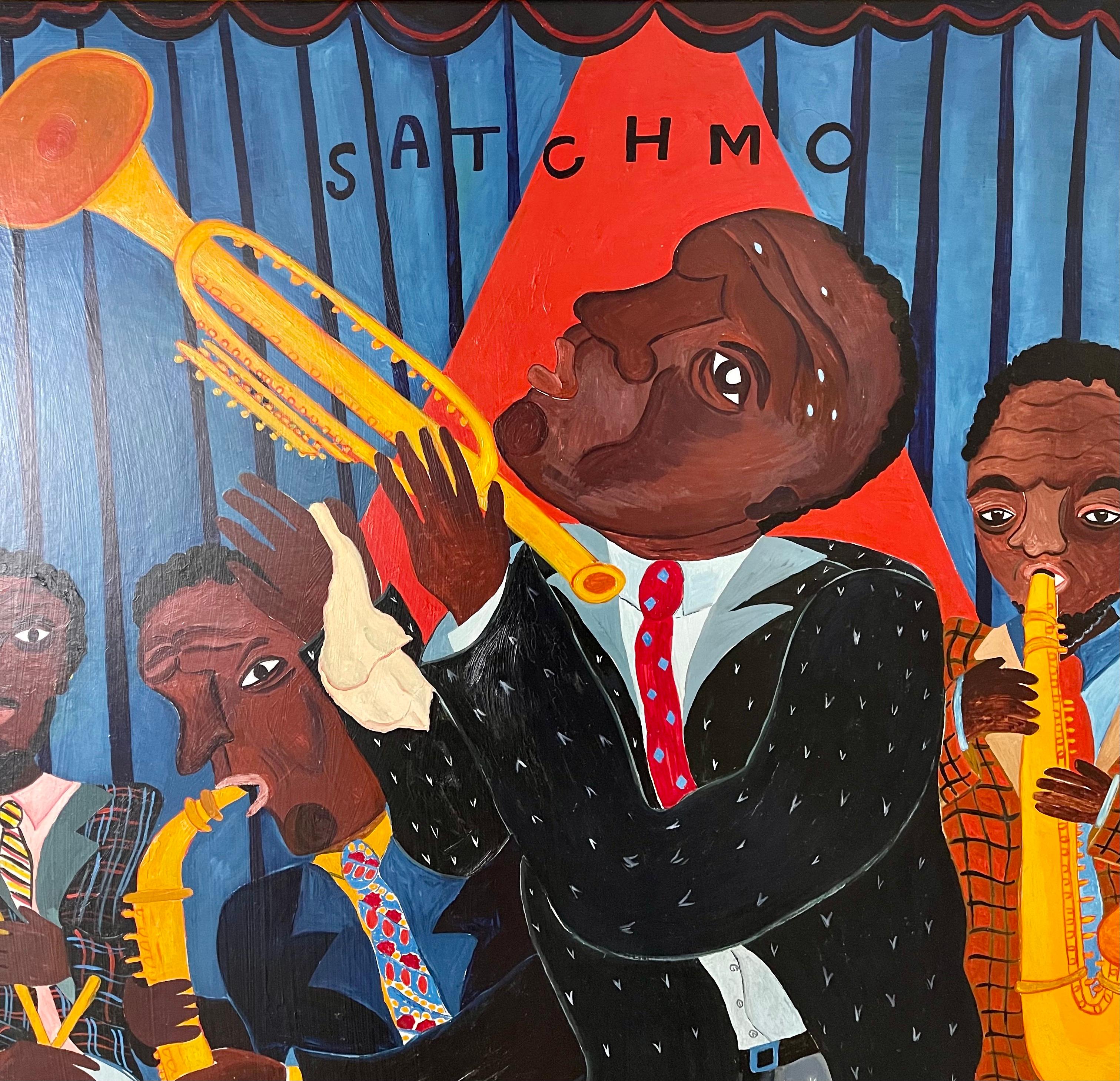 Swing Jazz Quartet. Satchmo, Louis Armstrong!
Oil Painting on board. Hand signed and dated 1974

Malcah Zeldis (born Mildred Brightman; 1931) is an American folk art painter. She is known for work that draws from a mix of biblical, historical, and