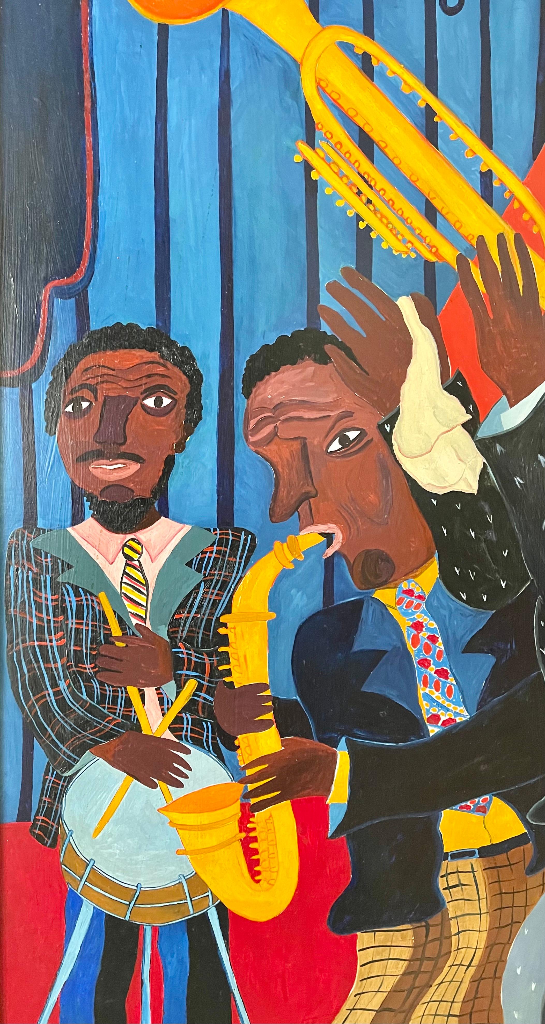 Gran cuadro al óleo de arte popular de Malcah Zeldis El gran jazzista 