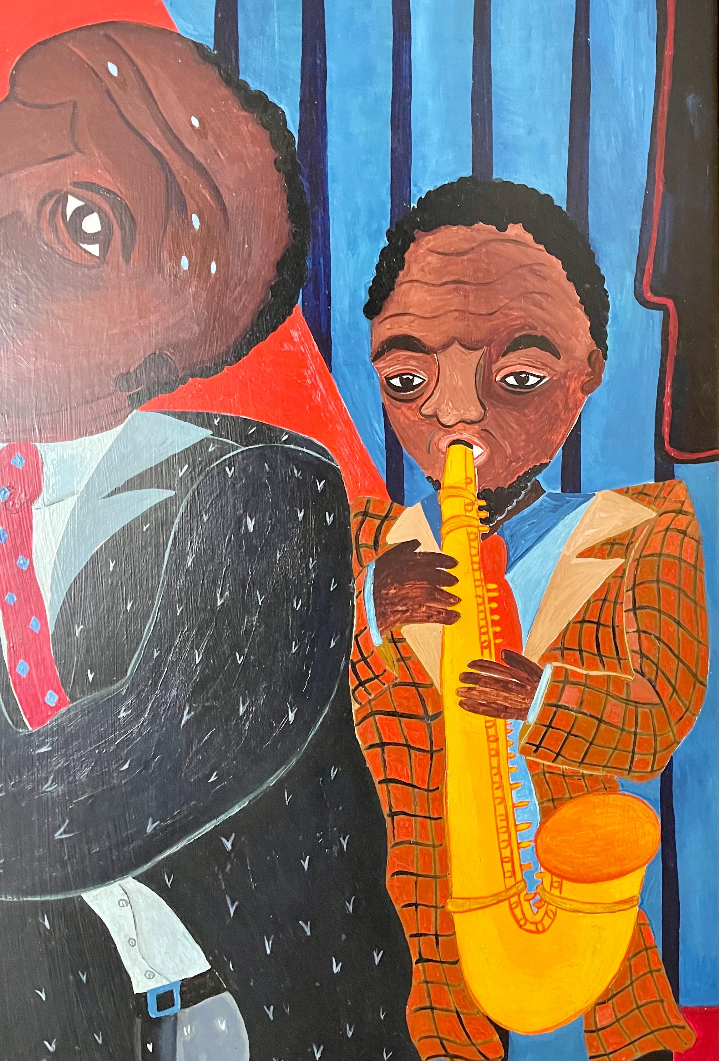 Gran cuadro al óleo de arte popular de Malcah Zeldis El gran jazzista 