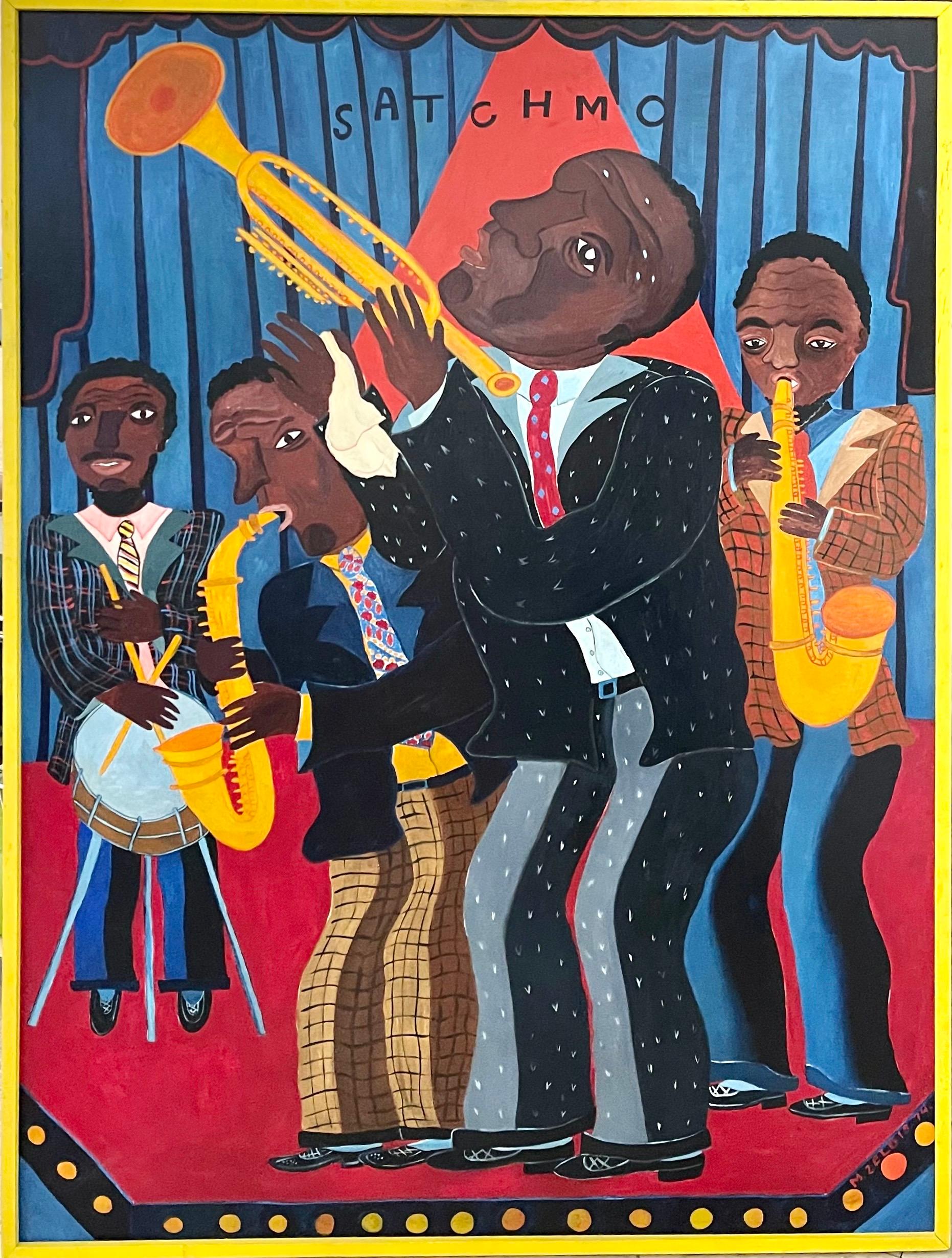 Grande peinture à l'huile d'art populaire de Malcah Zeldis Jazz Great « Satchmo » de Louis Armstrong  en vente 7
